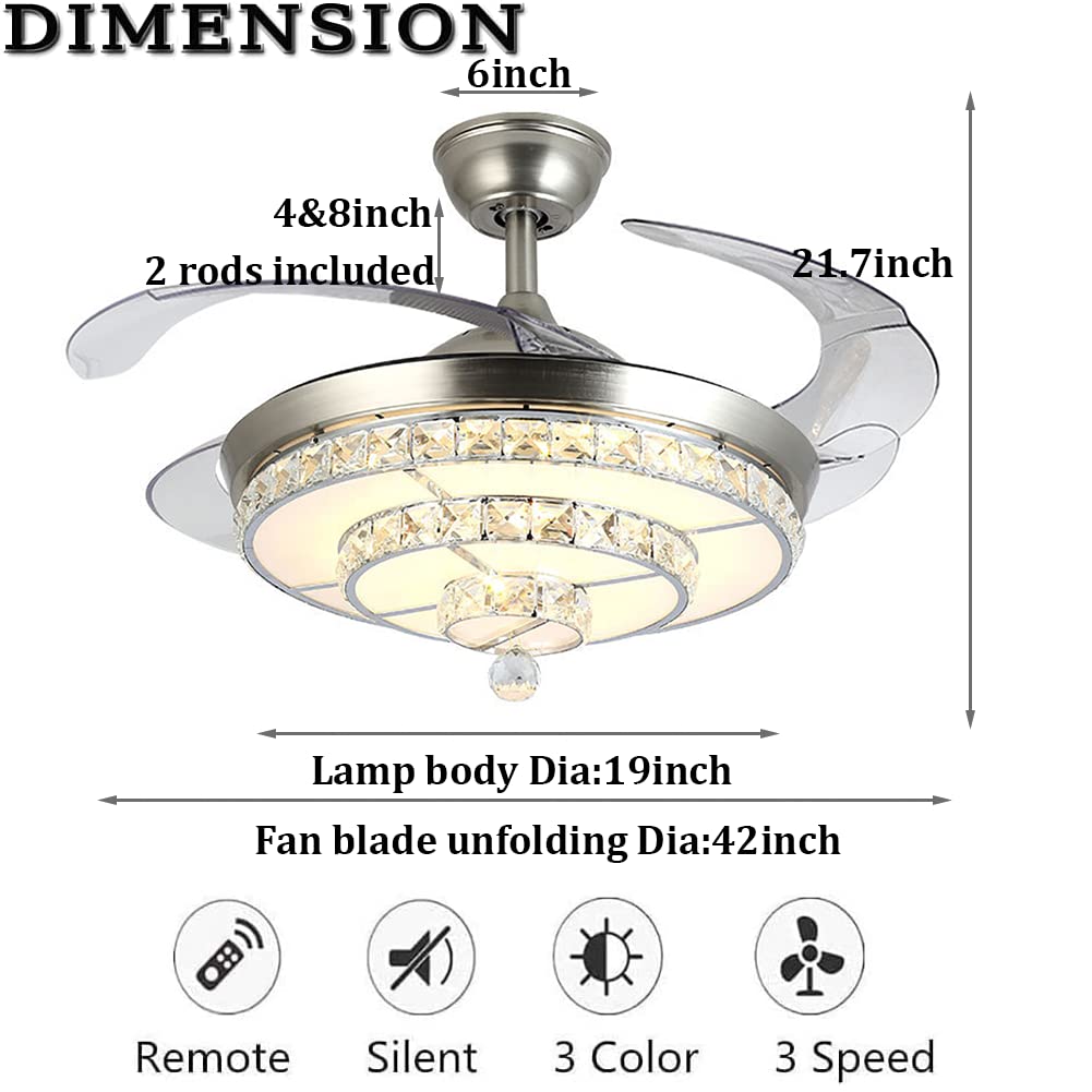 42 Inch Modern Crystal Ceiling Fan with Remote Control - Retractable Crystal Chandelier Fan with Dimmable LED Lights - Perfect for Dining Room, Living Room & Bedroom (Silver) | Energy Efficient Cooling & Elegant Lighting Solution