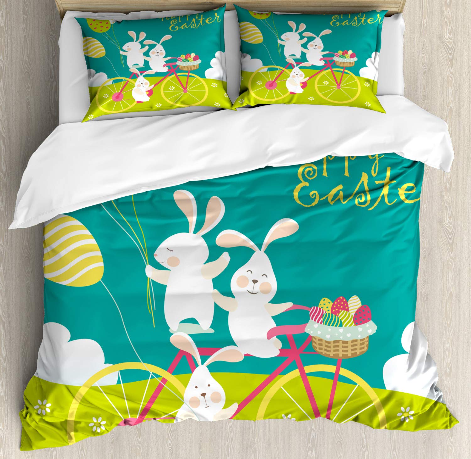 Lunarable Easter Duvet Cover Set - Cartoon Bunnies Riding Bikes with Balloons & Eggs on Cloudy Hill - 3 Piece Bedding Set with 2 Pillow Shams - California King Size - Teal Apple Green Magenta - Perfect for Easter Decorations, Kids' Room, Spring Bedding & Holiday Themed Home Decor