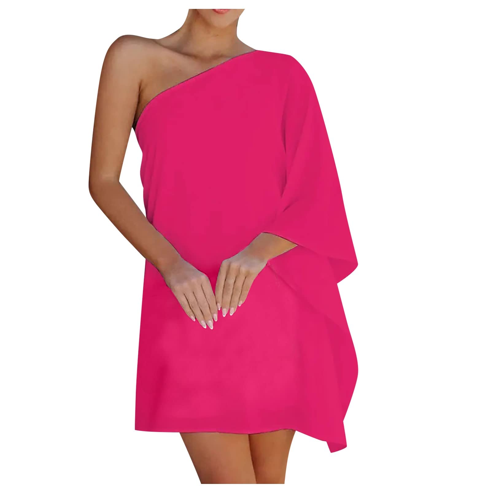 Floral Print One Shoulder Mini Dress with Batwing Sleeves & Chain Strap - Women's Summer Club Dress for Beach Parties, Date Nights & Outdoor Events
