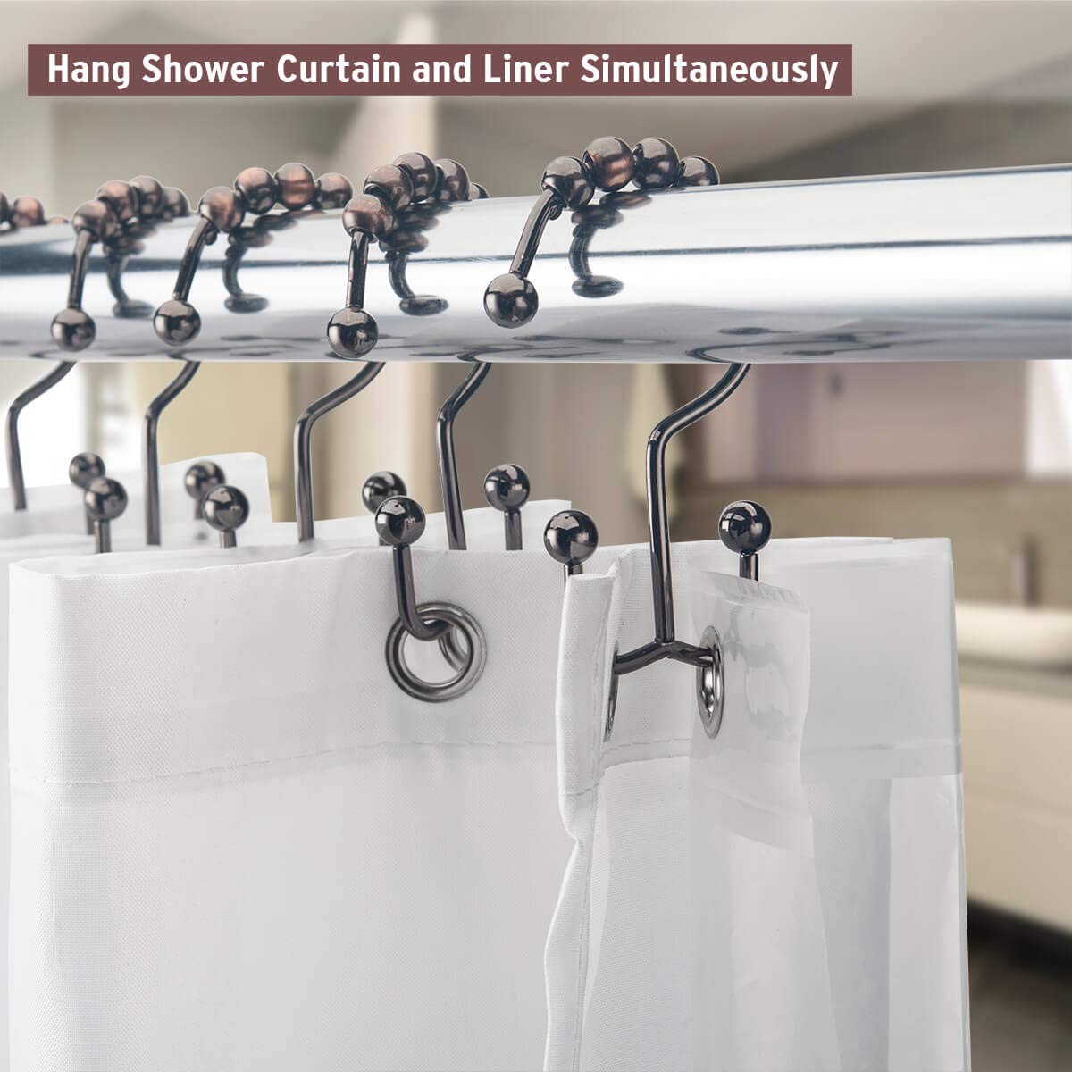 Rust-Resistant Bronze Shower Curtain Hooks - 12 Pack Metal Double Glide Roller Rings for Bathroom Curtain Rods | Durable & Smooth Sliding for Daily Shower Use