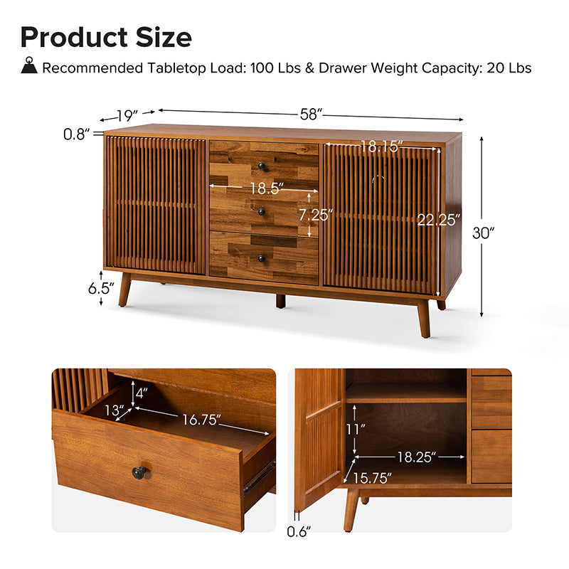Chris 58-Inch Wide 3-Drawer Sideboard Buffet Cabinet - Modern Storage Console for Dining Room, Living Room & Entryway
