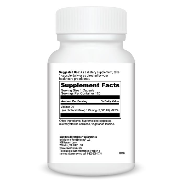 Davinci Labs Vitamin D3 5000 IU (120 Softgels) - Supports Immune System & Bone Health - Ideal for Adults with Vitamin D Deficiency or Limited Sun Exposure