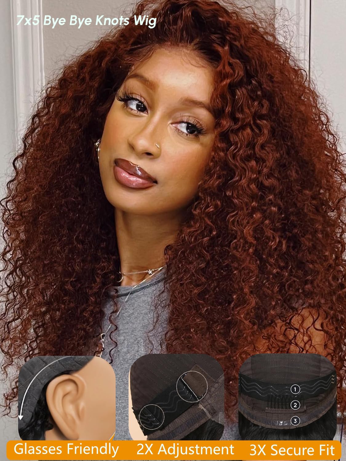 Julia Hair Bye Bye Knots 7x5 Glueless Wig - Pre Cut Lace Front Curly Human Hair Wig in Reddish Brown | 16 Inch Deep Curly with Invisible Knots | Pre Plucked Natural Hairline | Ready to Wear | Perfect for Daily Wear, Cosplay & Special Occasions