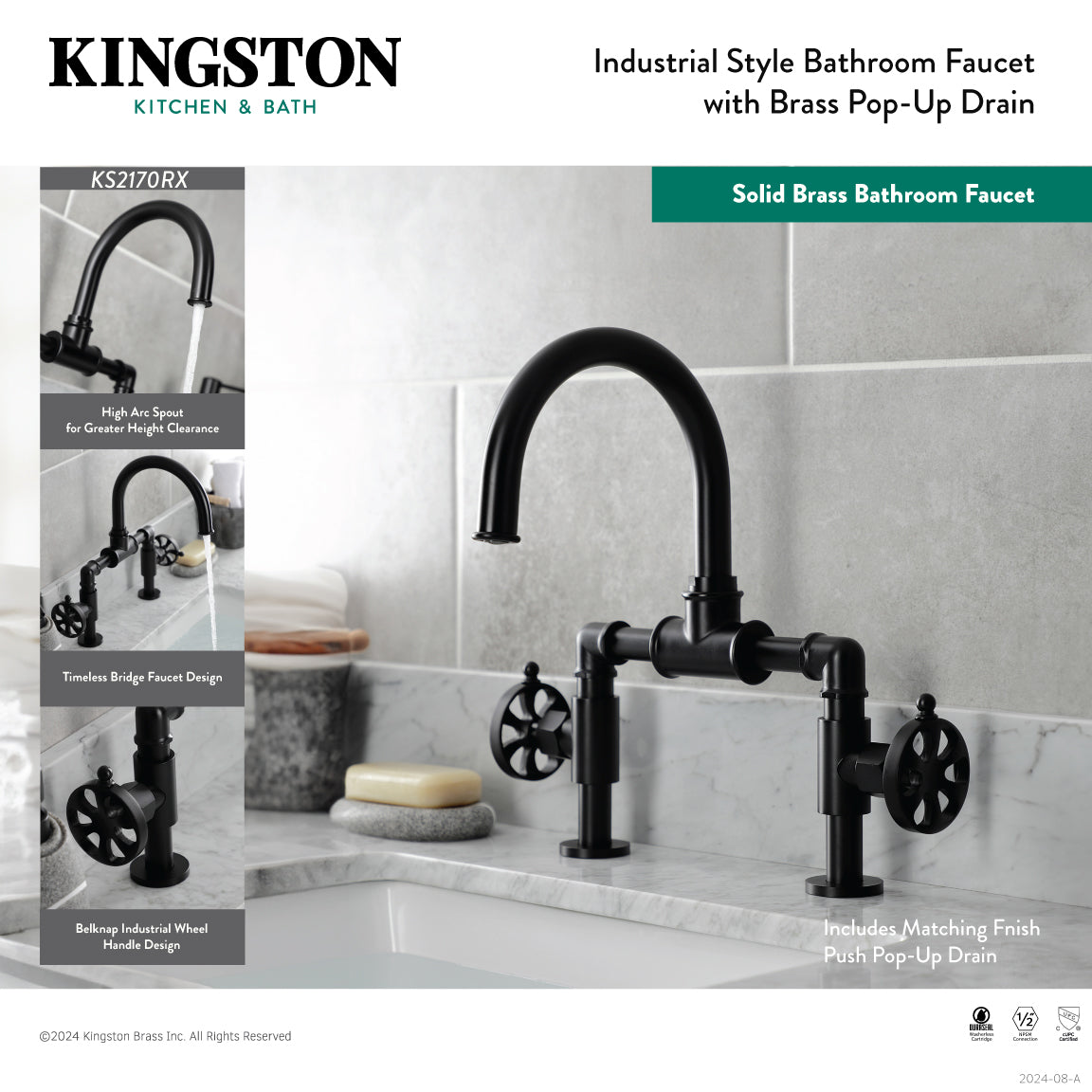 Belknap KS2178RX Brushed Nickel 2-Handle Deck Mount Bathroom Faucet with Push Pop-Up Drain - Perfect for Modern Bathroom Vanities and Sink Upgrades