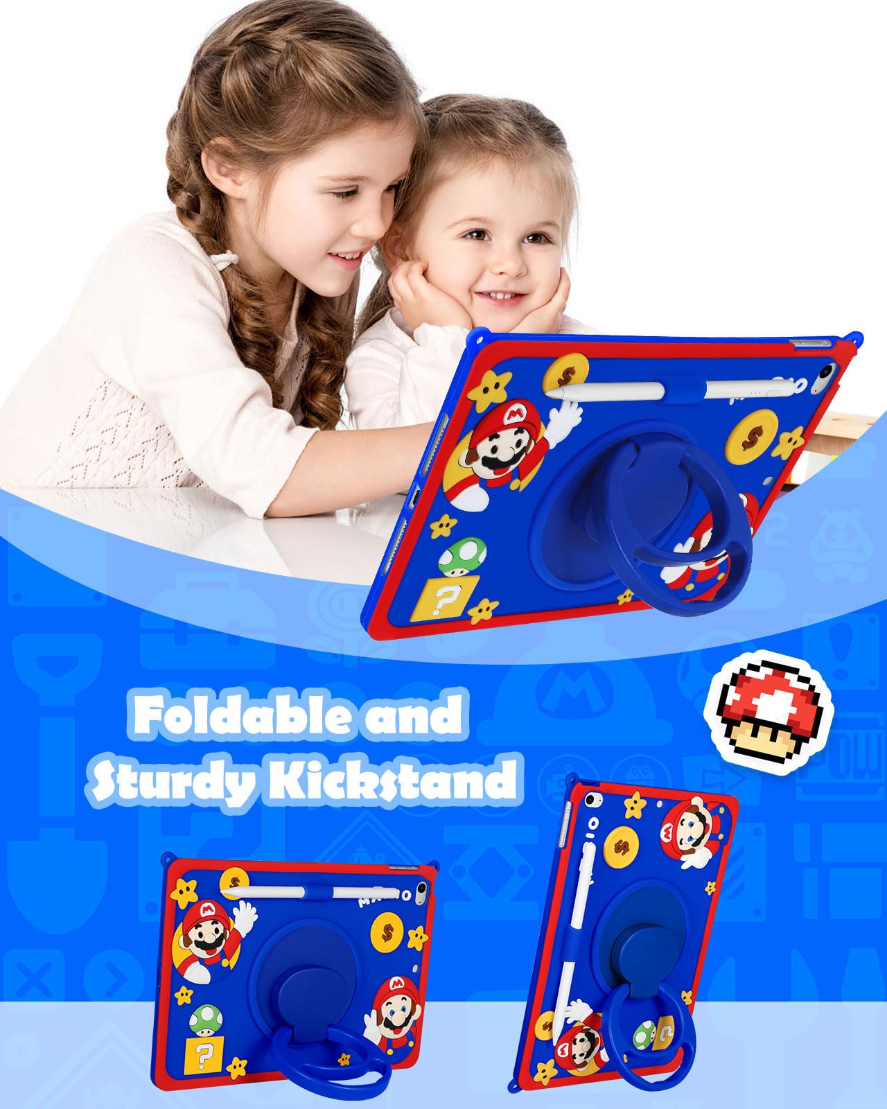 Cartoon Cute 3D Soft iPad Mini 5/4 Case for Boys & Girls - 7.9 Inch Protective Folio Cover with Rotating Stand & Pencil Holder for Apple iPad Mini 5th Gen / iPad Mini 4 (A1538 A1550 A2133) - Perfect for School, Travel & Home Use
