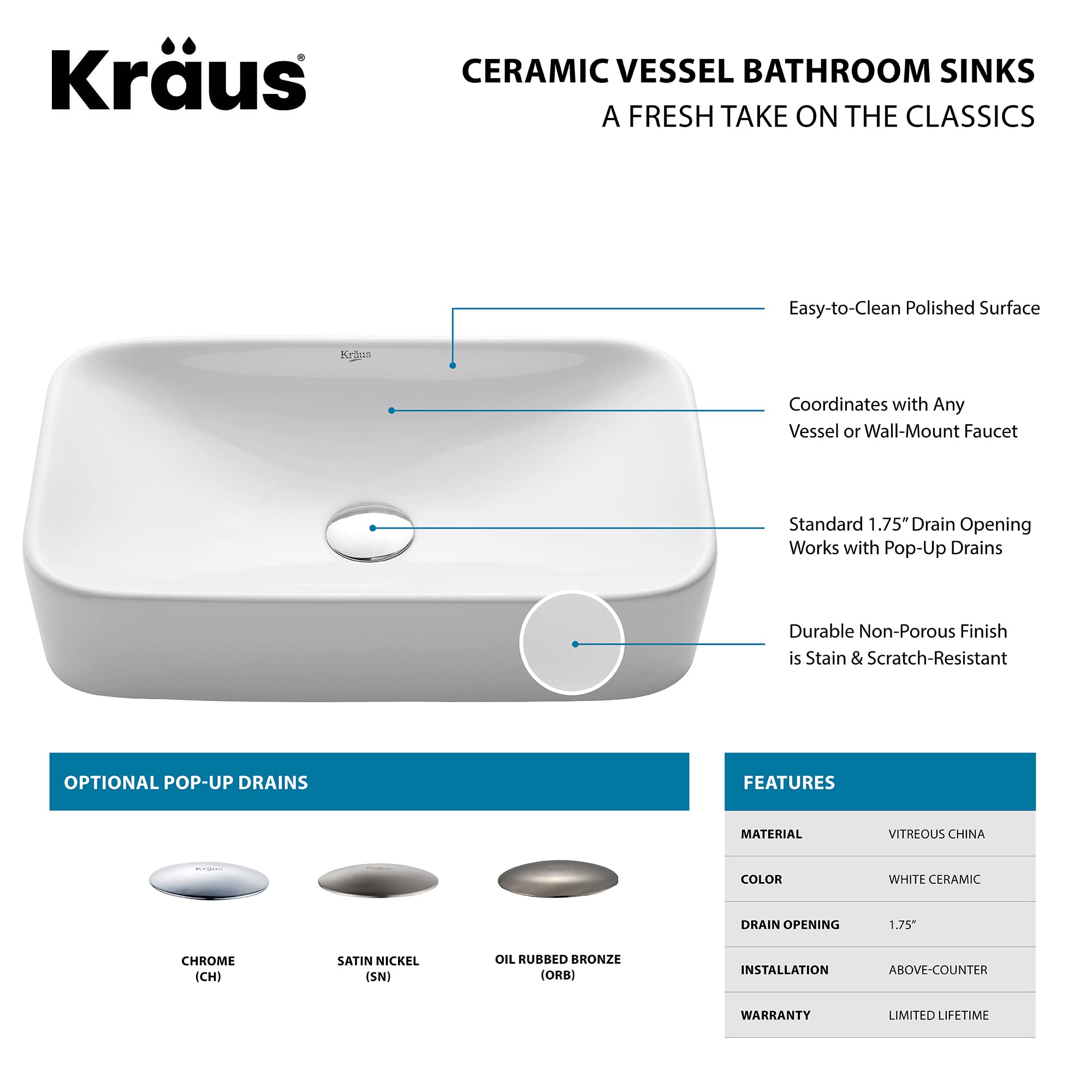 Kraus KCV-122-ORB White Rectangular Ceramic Bathroom Sink with Pop-Up Drain in Oil Rubbed Bronze Finish - Perfect for Modern Vanities and Powder Rooms