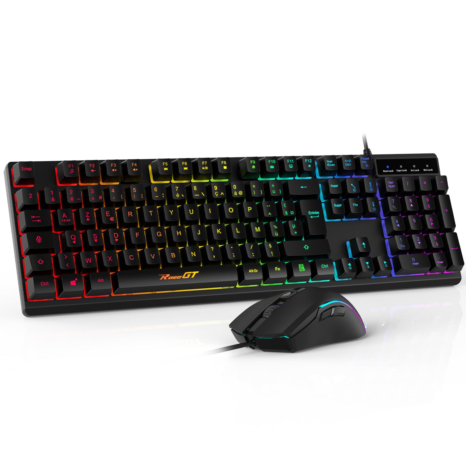 RaceGT Gaming Keyboard and Mouse Combo - Wired Ergonomic Backlit Keyboard with Silent Keys & Numeric Pad - Compatible with Windows, MacOS, Linux (AZERTY Layout, Black) - Perfect for Gaming, Office Work & Programming