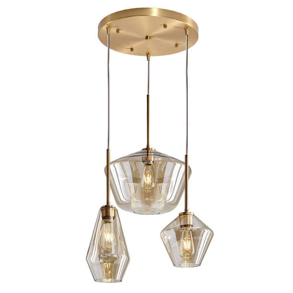 Modern Gold Chandelier Ceiling Light Fixture - 3 Amber Glass Lampshade Pendant Lighting for Kitchen Island, Dining Room, Living Room & Hotel | Flush Mount Hanging Lamp for Stylish Home & Commercial Spaces