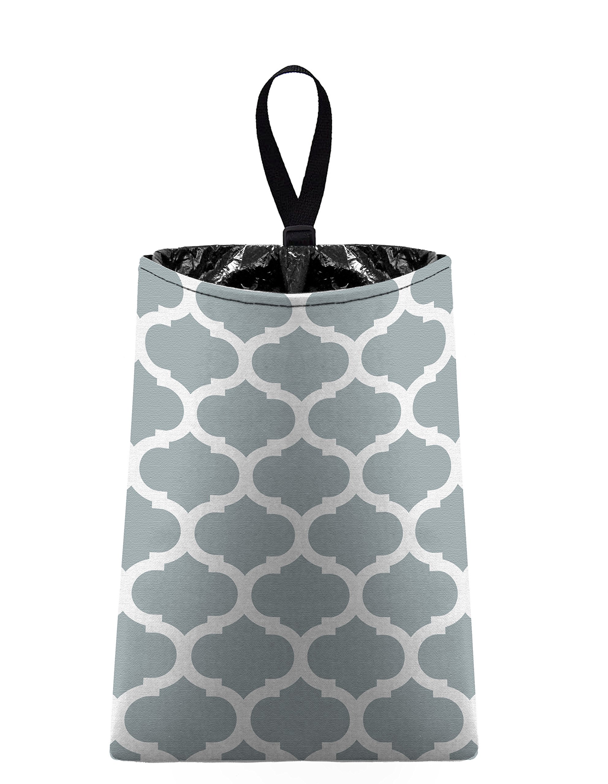 Mod Mobile Moroccan Trellis Car Trash Bag - Light Grey Silver & White Auto Garbage Can for Vehicles | Perfect for Road Trips, Commuting & Keeping Your Car Clean