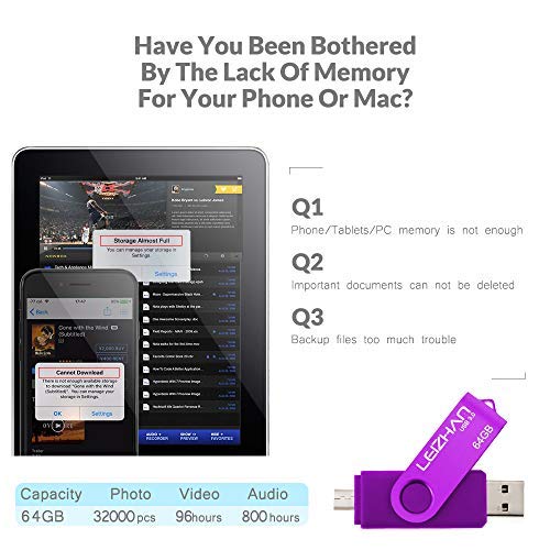 LEIZHAN 128GB USB 3.0 Flash Drive OTG Dual Port for Android & PC - Purple