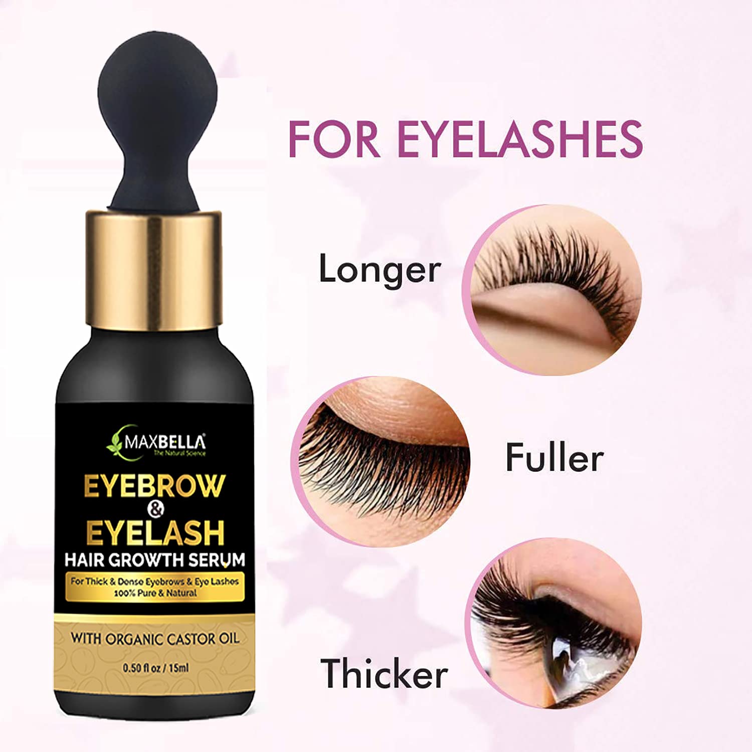 MaxBella® Eyebrow & Eyelash Growth Serum with Castor Oil, Onion Oil & Vitamin E - Natural Formula for Stronger, Fuller, Thicker Lashes & Brows | 15ml | Perfect for Daily Use & Nighttime Routine