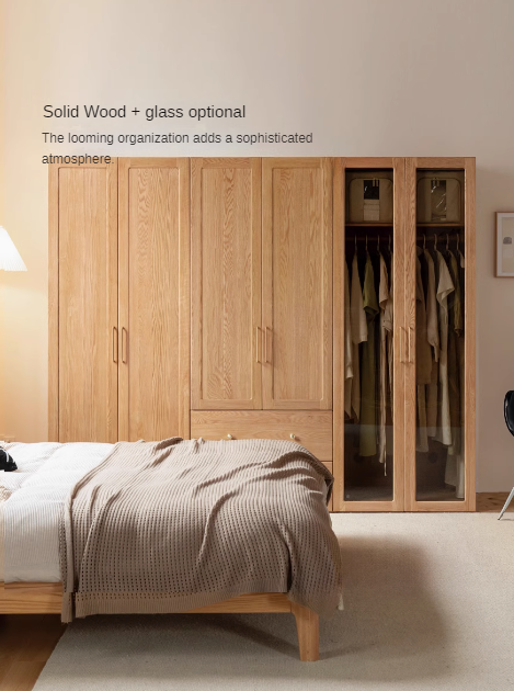 Oak Solid Wood Modular Wardrobe with Rattan Doors - Customizable Closet Storage for Bedroom & Living Room Organization