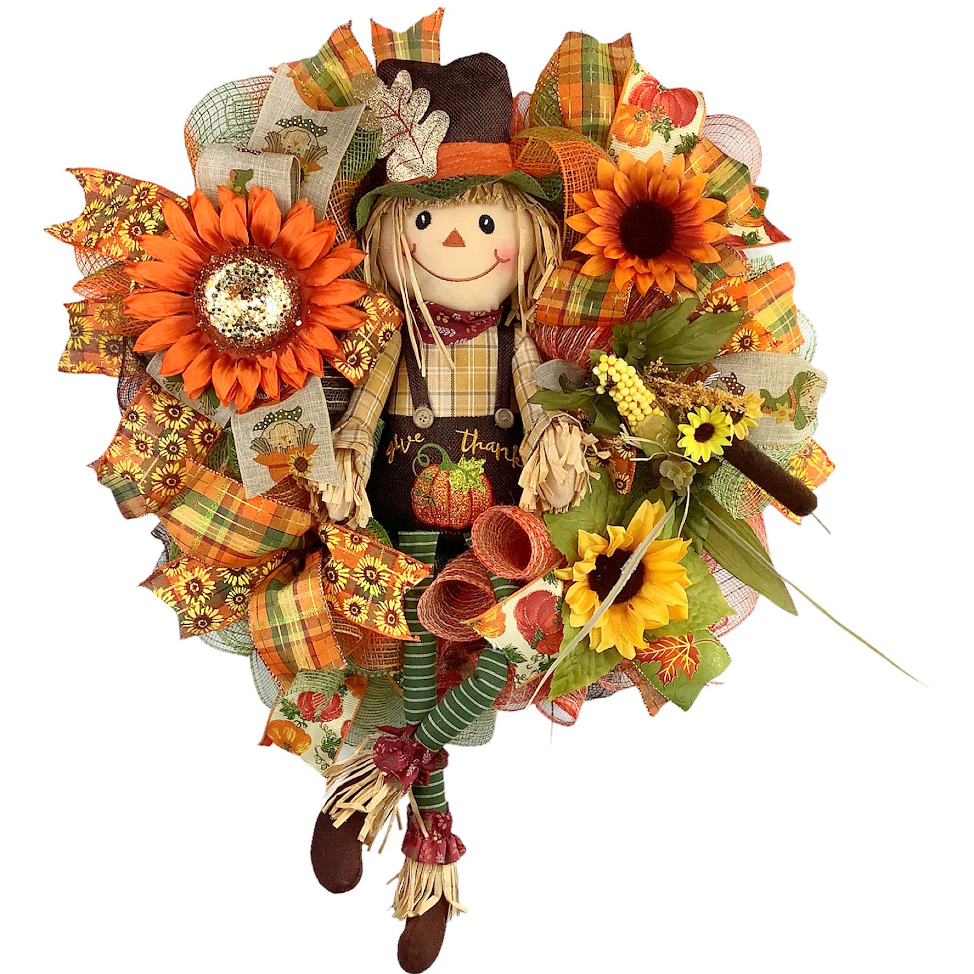 Handmade Fall Scarecrow Wreath with Sunflowers, Autumn Leaves & Bow - Rustic Front Door Decor for Autumn Season | Perfect for Thanksgiving, Halloween & Seasonal Home Decoration