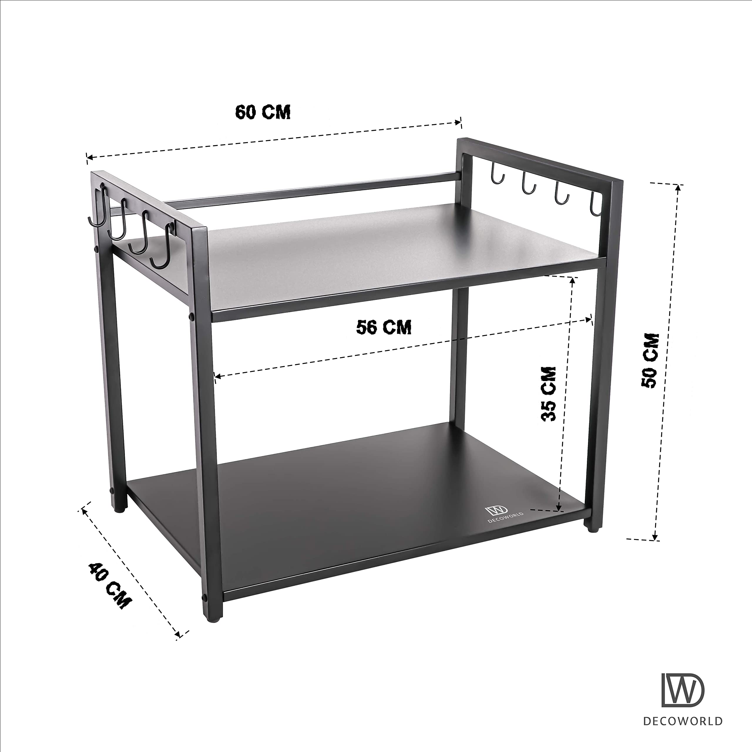 DECOWORLD Metal Microwave Stand - Double Tier Kitchen Counter Organizer with Hooks for Microwave, OTG & Oven Storage - Black Space Saving Shelf for Small Kitchens & Apartments