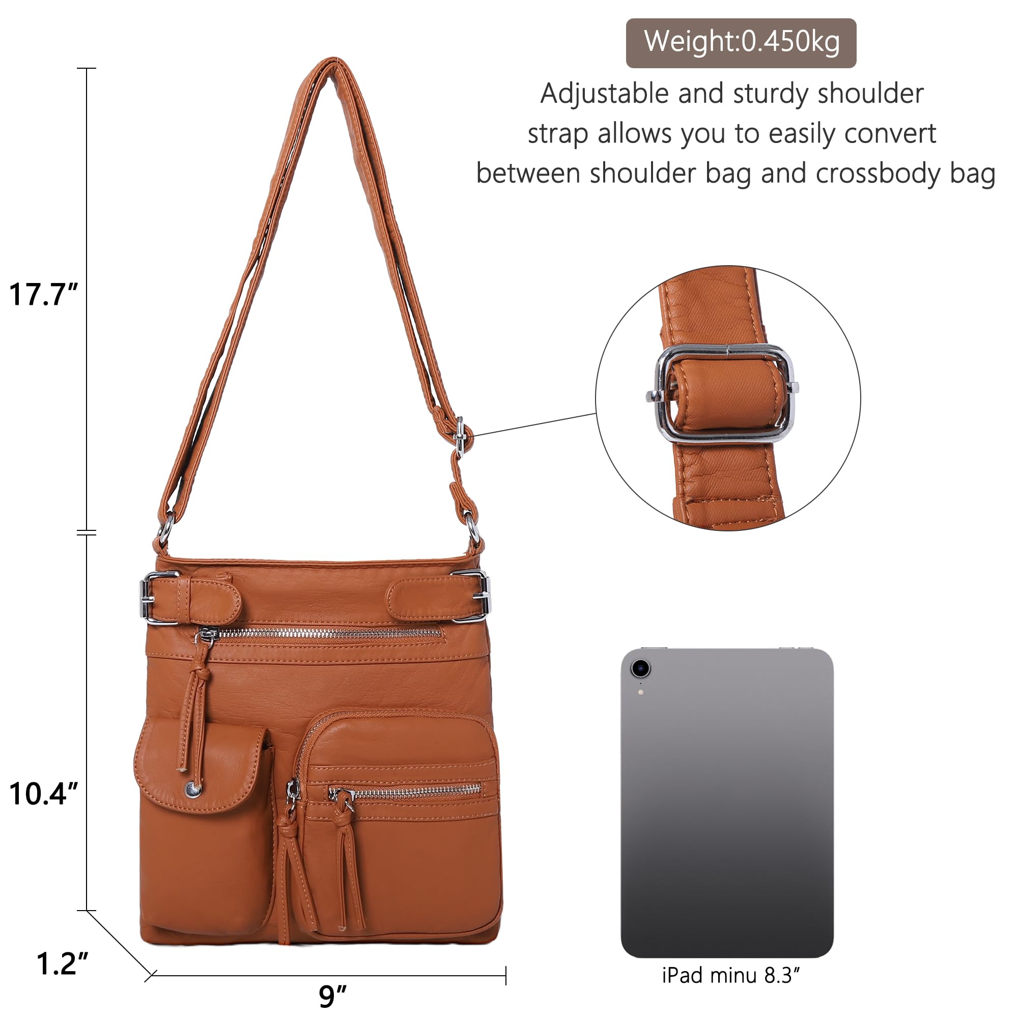 Angel Kiss Women's Crossbody Bag - Soft Washed Leather Shoulder Purse with Multiple Pockets | Stylish Hobo & Medium Handbag for Work, Travel & Everyday Use