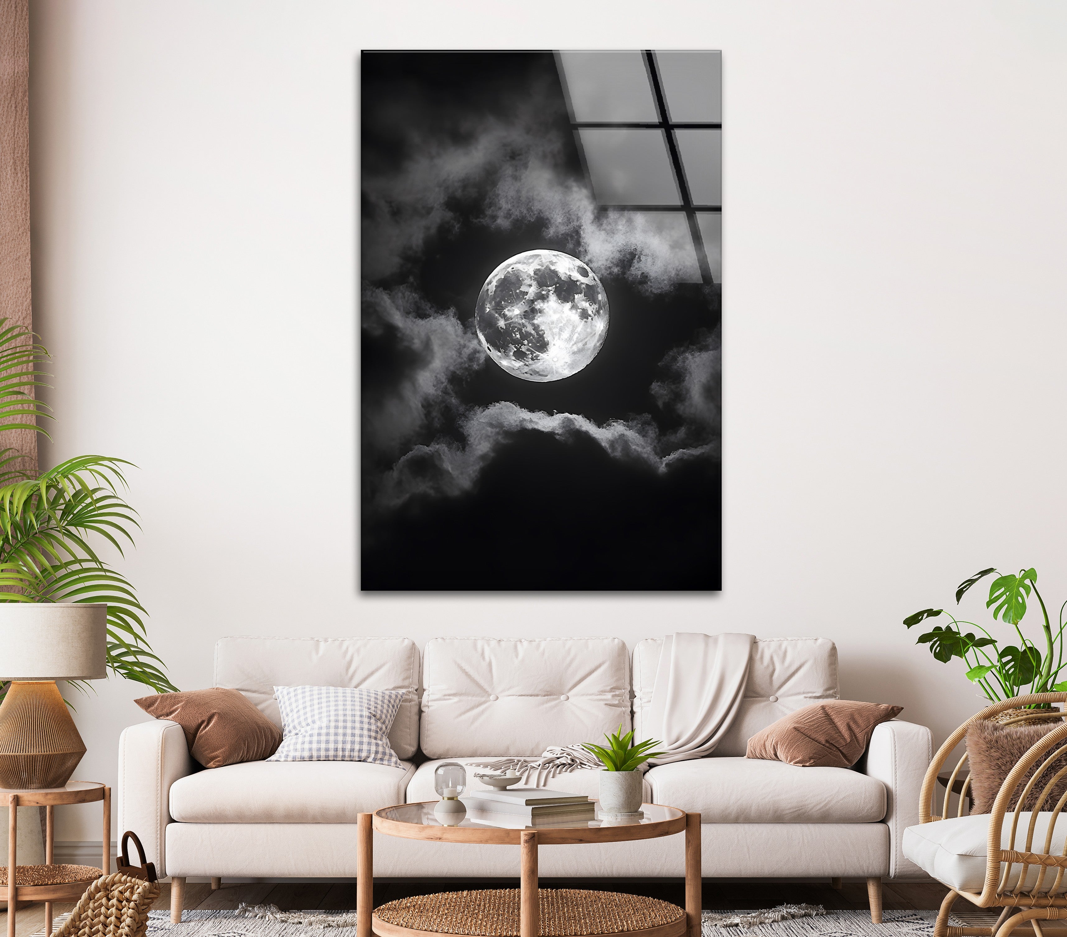 Black and White Moon Wall Art - Stunning Night Sky Scene Printed on Glass Canvas - Perfect for Living Room, Bedroom & Office Decor