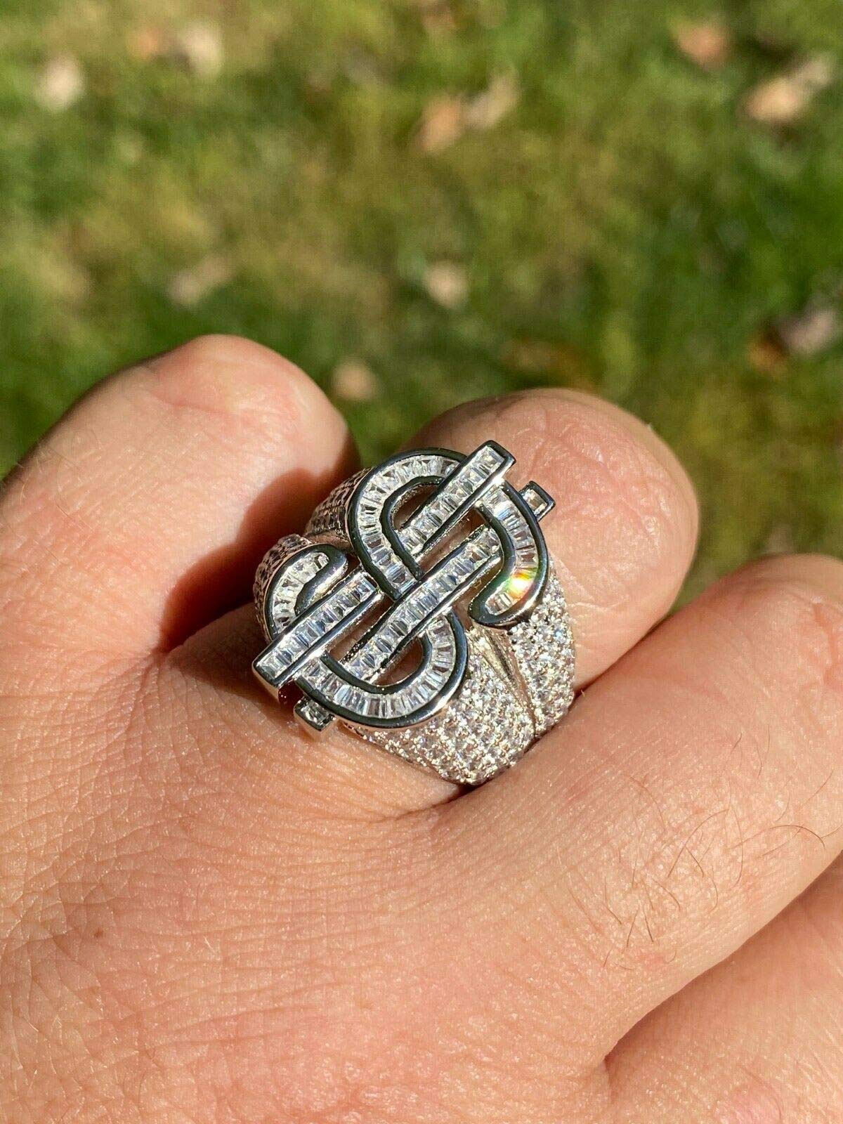 HarlemBling Solid 925 Sterling Silver Money $ Sign Ring for Men - Iced Baguette Diamond Hip Hop Jewelry - Sizes 7-13 - Perfect for Rappers, Hip Hop Artists & Streetwear Fashion
