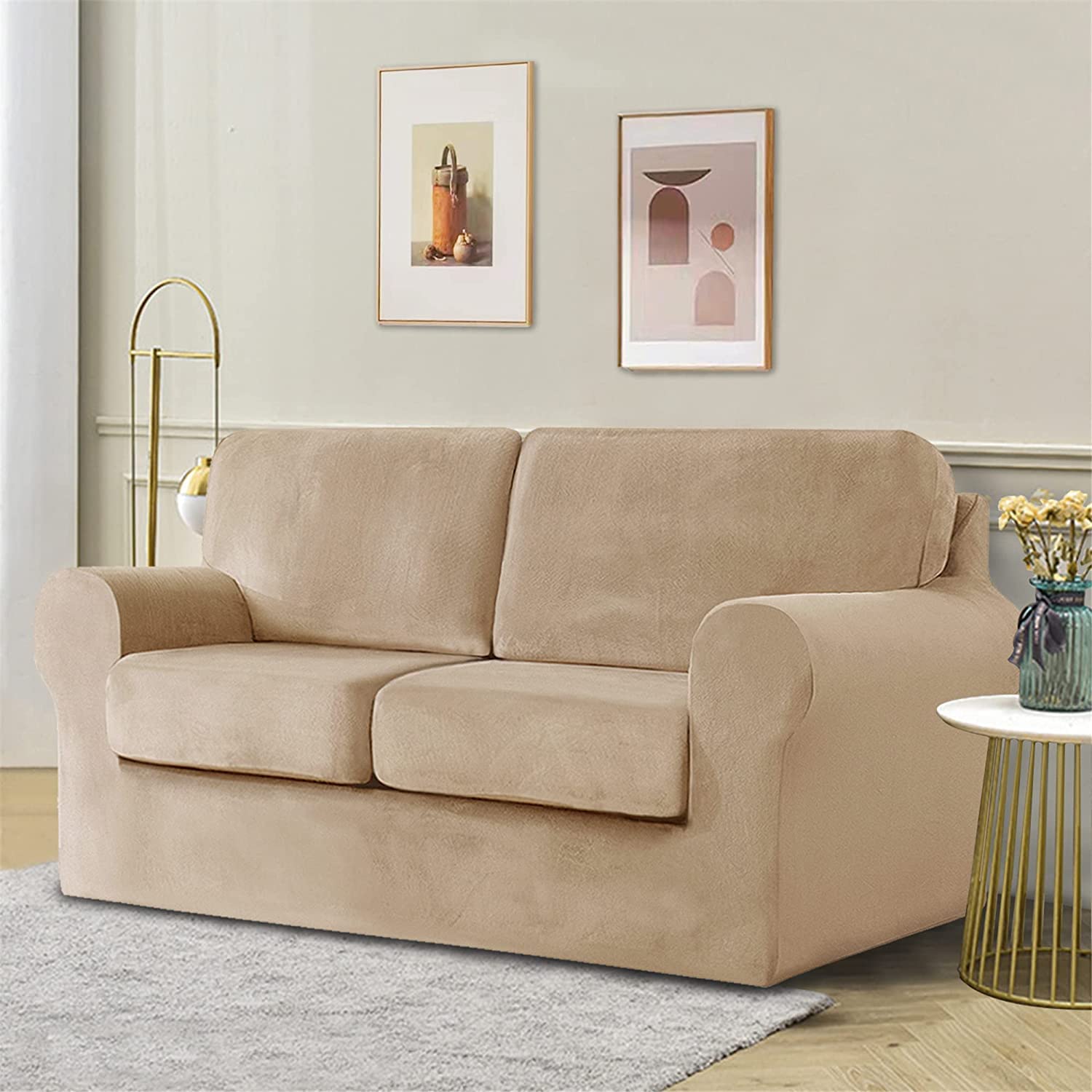 Stretch Velvet 5-Piece Loveseat Sofa Cover Set - 2 Seater Couch Slipcover with Separate Backrests & Cushion Cover, Elastic Band for Pets & Kids (Sand Color) - Perfect for Living Room, Apartment & Pet-Friendly Homes