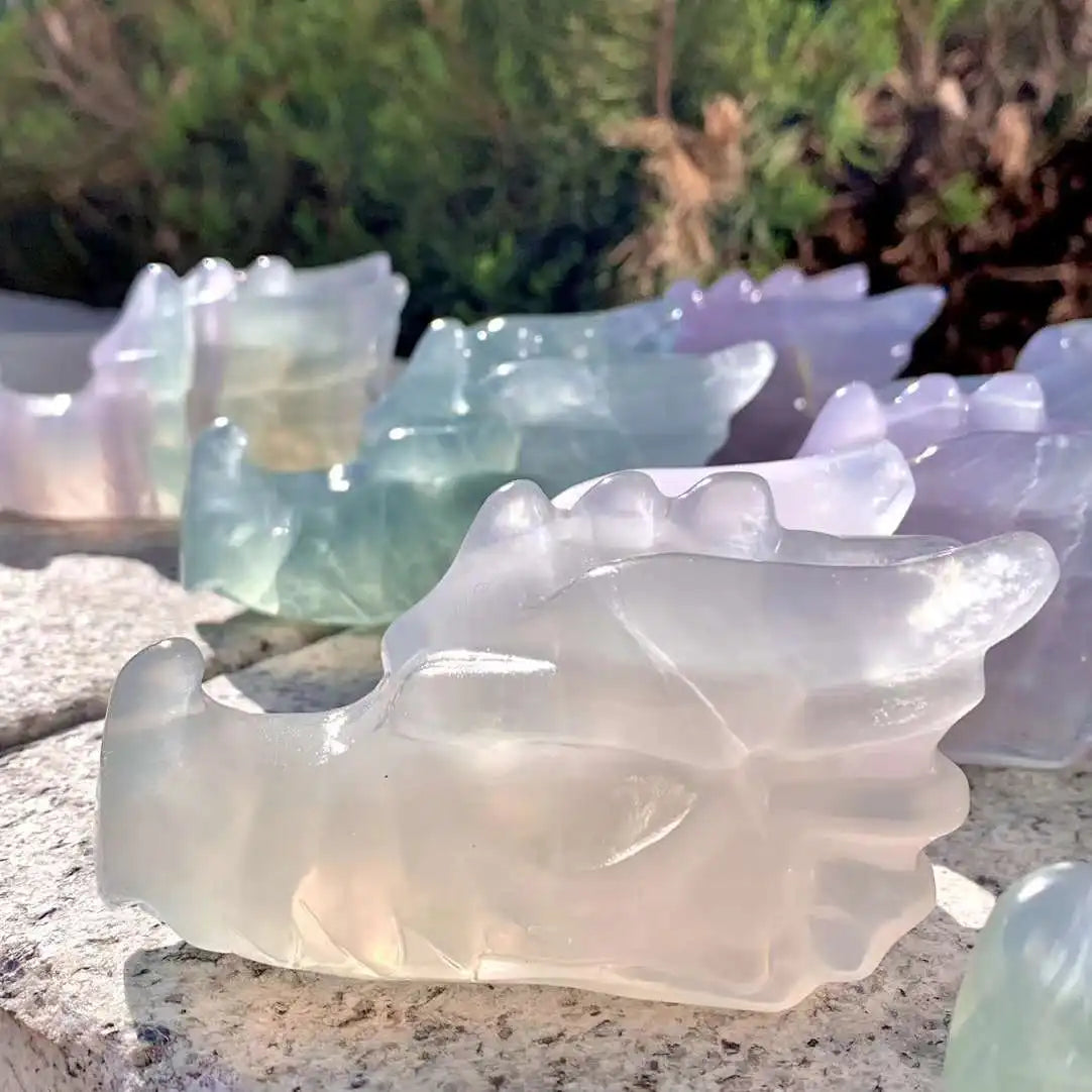 10cm Rainbow Macaron Fluorite Crystal Dragon Head Skull Carving - Natural Mineral Specimen for Home Decor, Meditation & Feng Shui Healing Stone