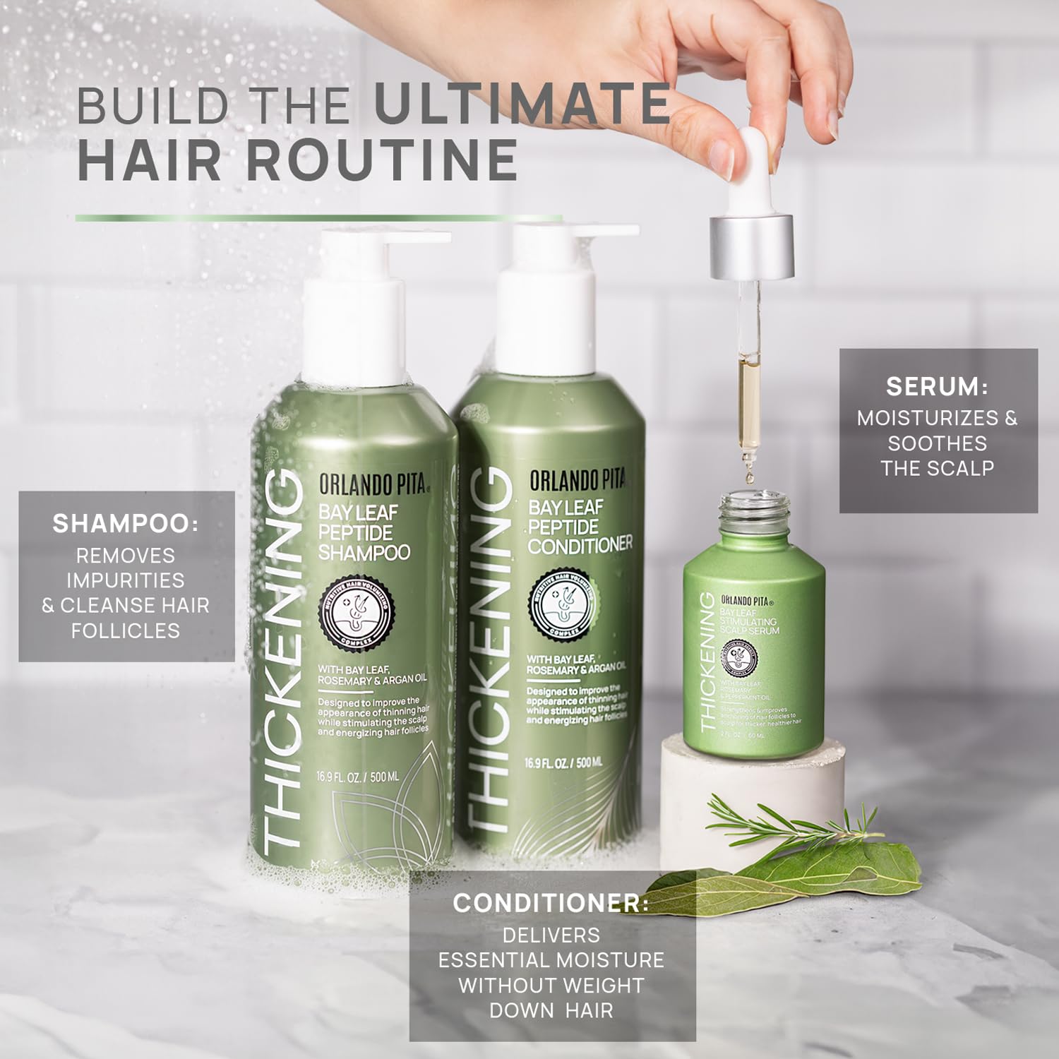ORLANDO PITA Bay Leaf Peptide Shampoo & Conditioner Set for Hair Growth - Volumizing & Thickening Treatment for Fuller Hair - Daily Hair Care Bundle for Thinning Hair (Perfect for Home & Salon Use)