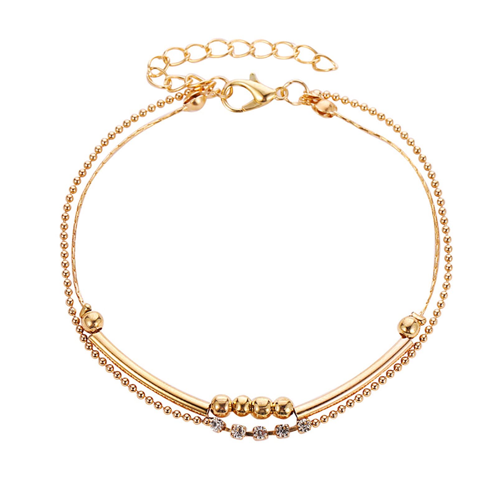 Vintage Double Layer Round Beaded Diamond Anklet for Women - Elegant Cross Bracelet Jewelry (Gold, One Size) - Perfect for Beach Parties, Date Nights & Summer Fashion Accessories