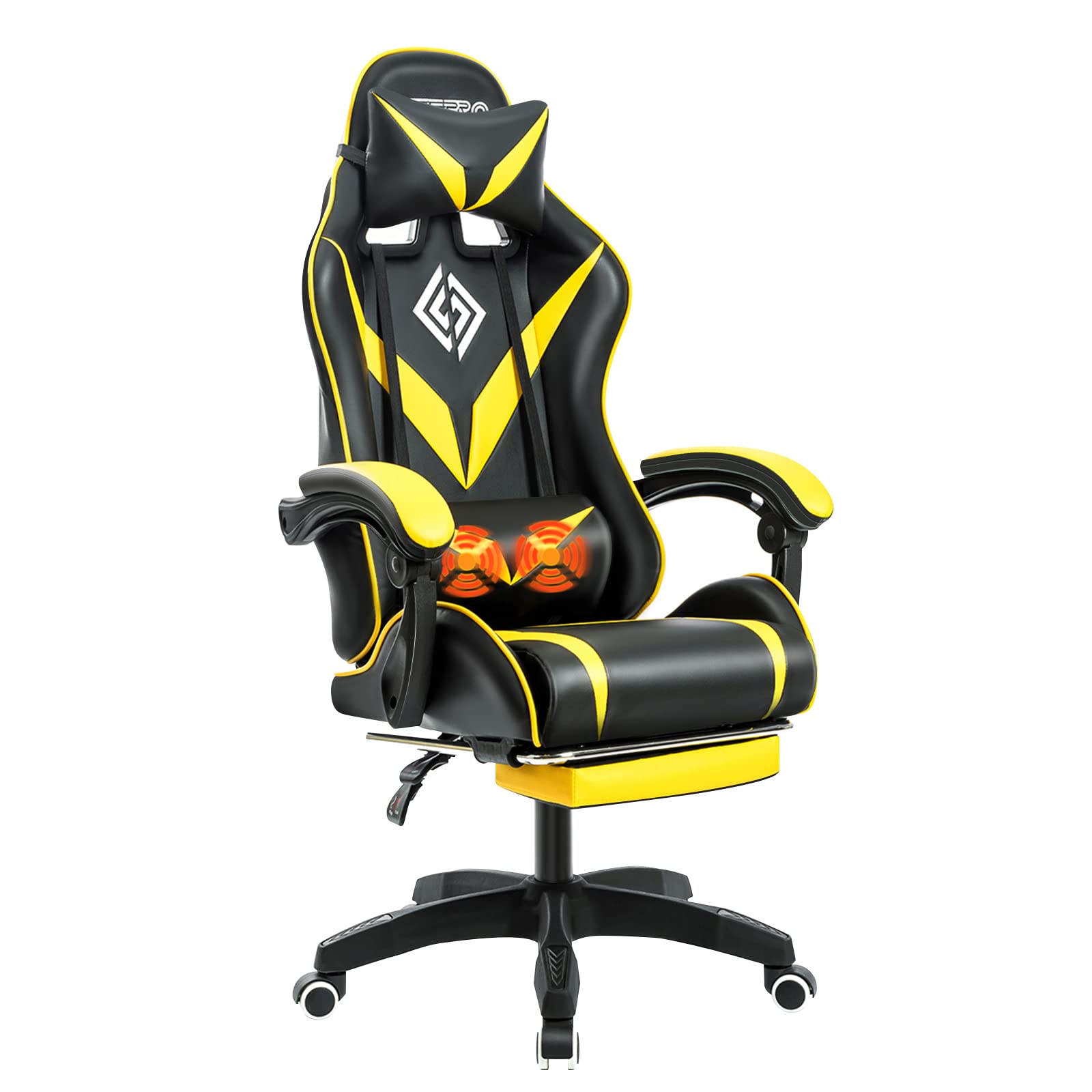 Geepro Ergonomic Gaming Chair with Massage & Footrest - High Back Computer Chair with Adjustable Lumbar Support & Linkage Armrests (Yellow/Black) - Perfect for Esports, Office Work & Home Gaming Setup