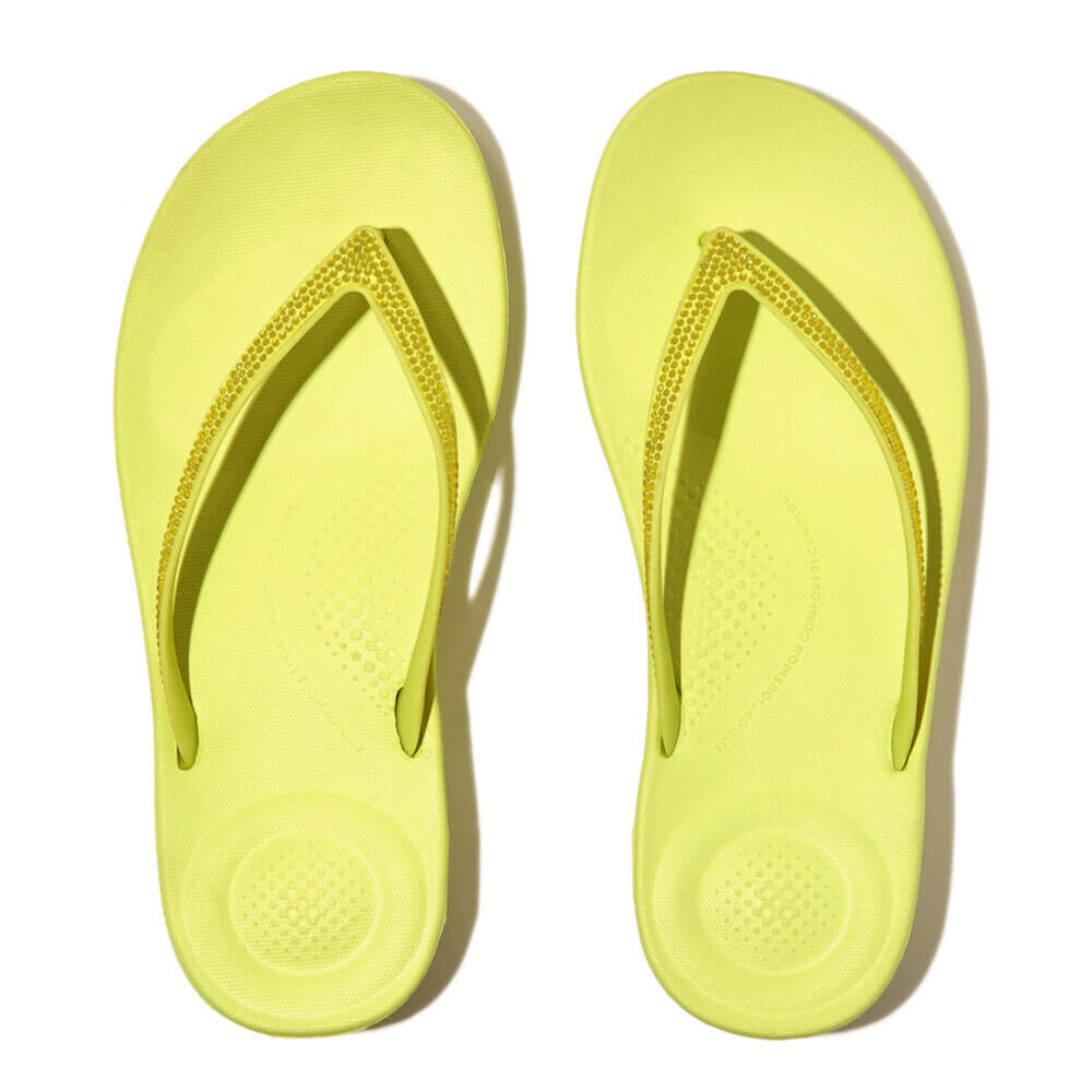 FitFlop Iqushion Sparkle Sandals for Women - Comfortable Walking Sandals with Cushioning Support, Sunny Lime | Perfect for Beach, Vacation & Summer Outfits