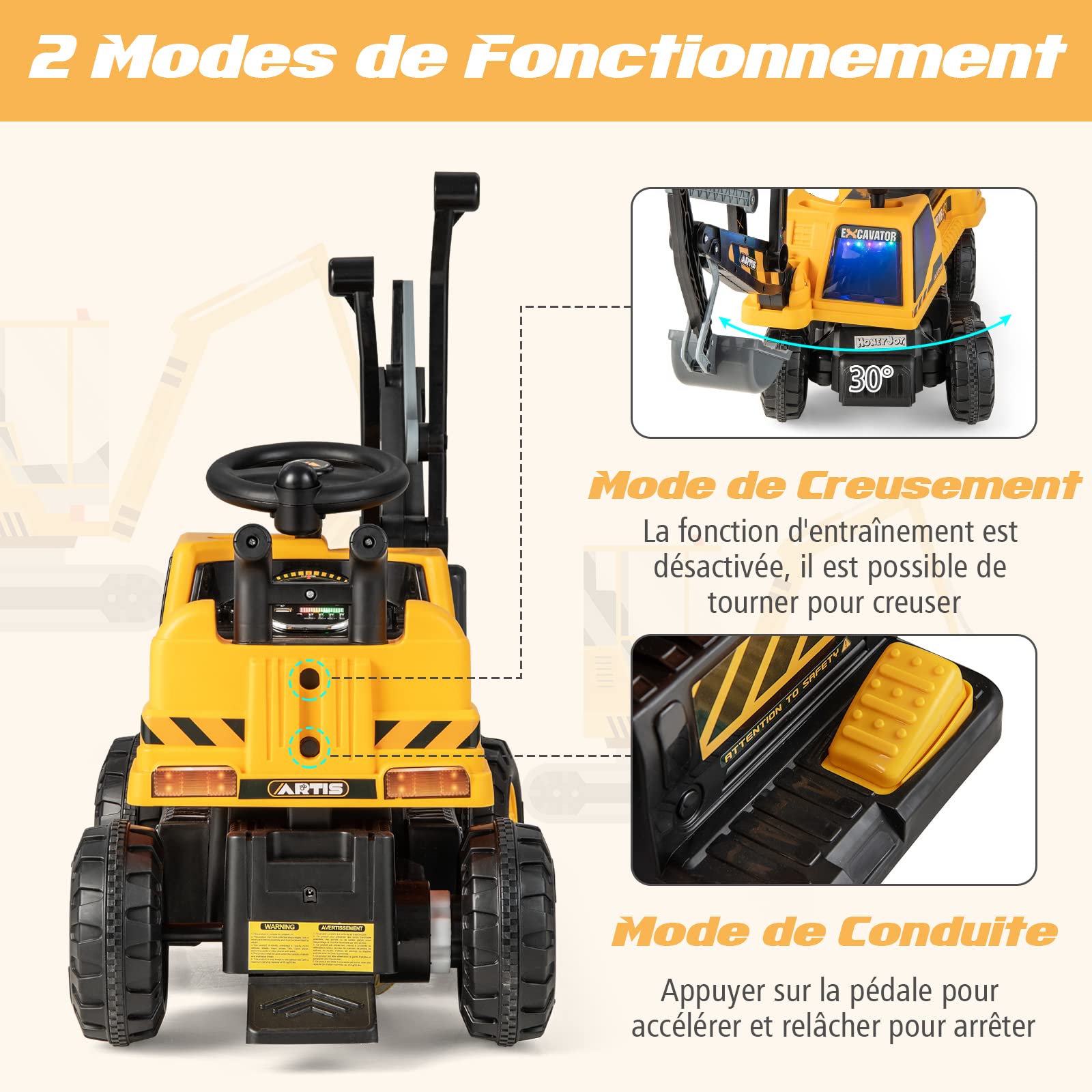 COSTWAY 6V Kids Ride-On Electric Backhoe Loader Toy with Rotating Seat, Shovel, LED Lights & Music | 25kg Capacity | Hidden Storage | Excavator Toy for Boys & Girls Ages 3+ (Yellow) | Perfect for Outdoor Play, Sandbox Fun & Construction Pretend Play