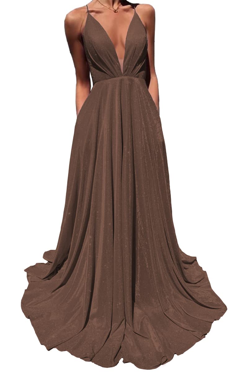 2023 Miao Duo Women's Glitter Satin Prom Ball Gown with Pockets - V-Neck Criss-Cross Formal Evening Dress (YZTS059) | Perfect for Homecoming, Prom, Gala & Special Occasions