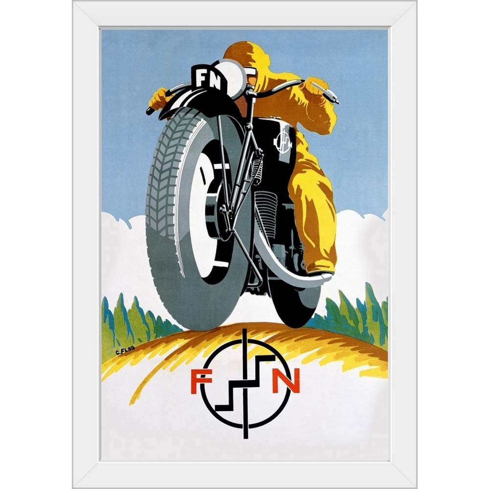 Vintage 1925 Motorcycle Poster - White Framed Art Print for Home & Office Decor - Motorcycle Enthusiast Gift & Wall Art for Garage, Man Cave, Living Room
