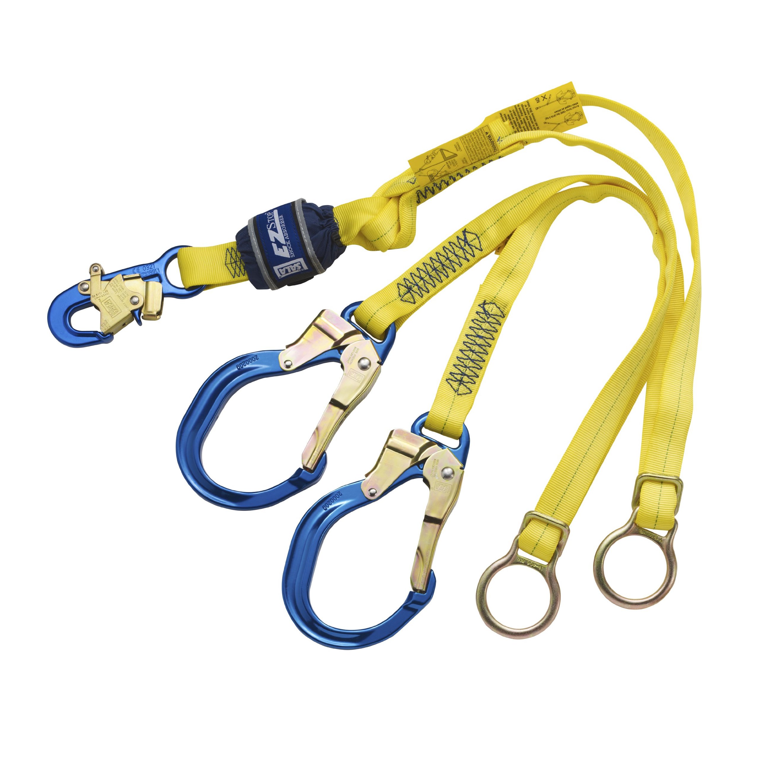 3M DBI-SALA EZ-Stop 1246071 Shock Absorbing Safety Lanyard - 6-Foot Fall Protection with Adjustable D-Rings, Aluminum Snap Hook & Rebar Hooks - Yellow/Navy for Construction, Roofing & Industrial Work Safety