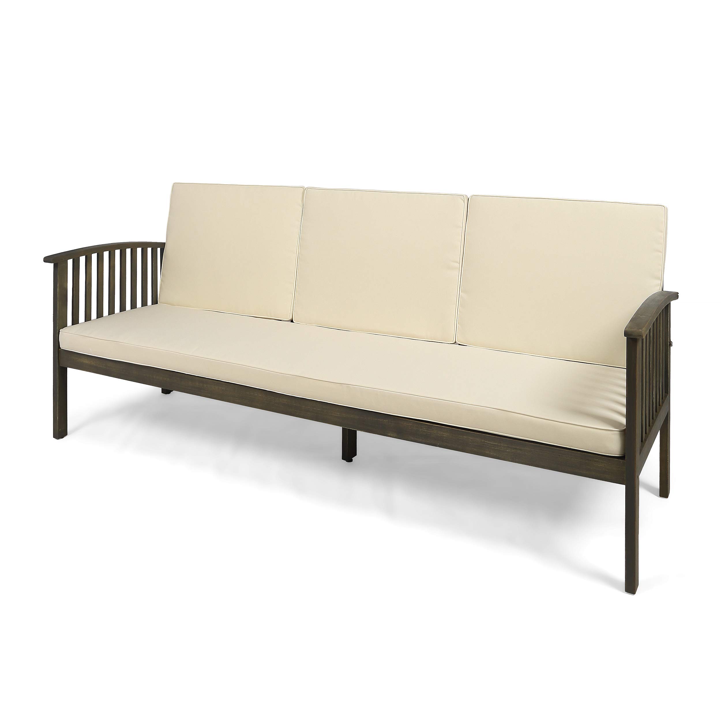 Breenda Outdoor Acacia Wood Sofa with Water-Resistant Cushions - Gray & Cream Patio Furniture Set for Garden, Poolside & Backyard Relaxation