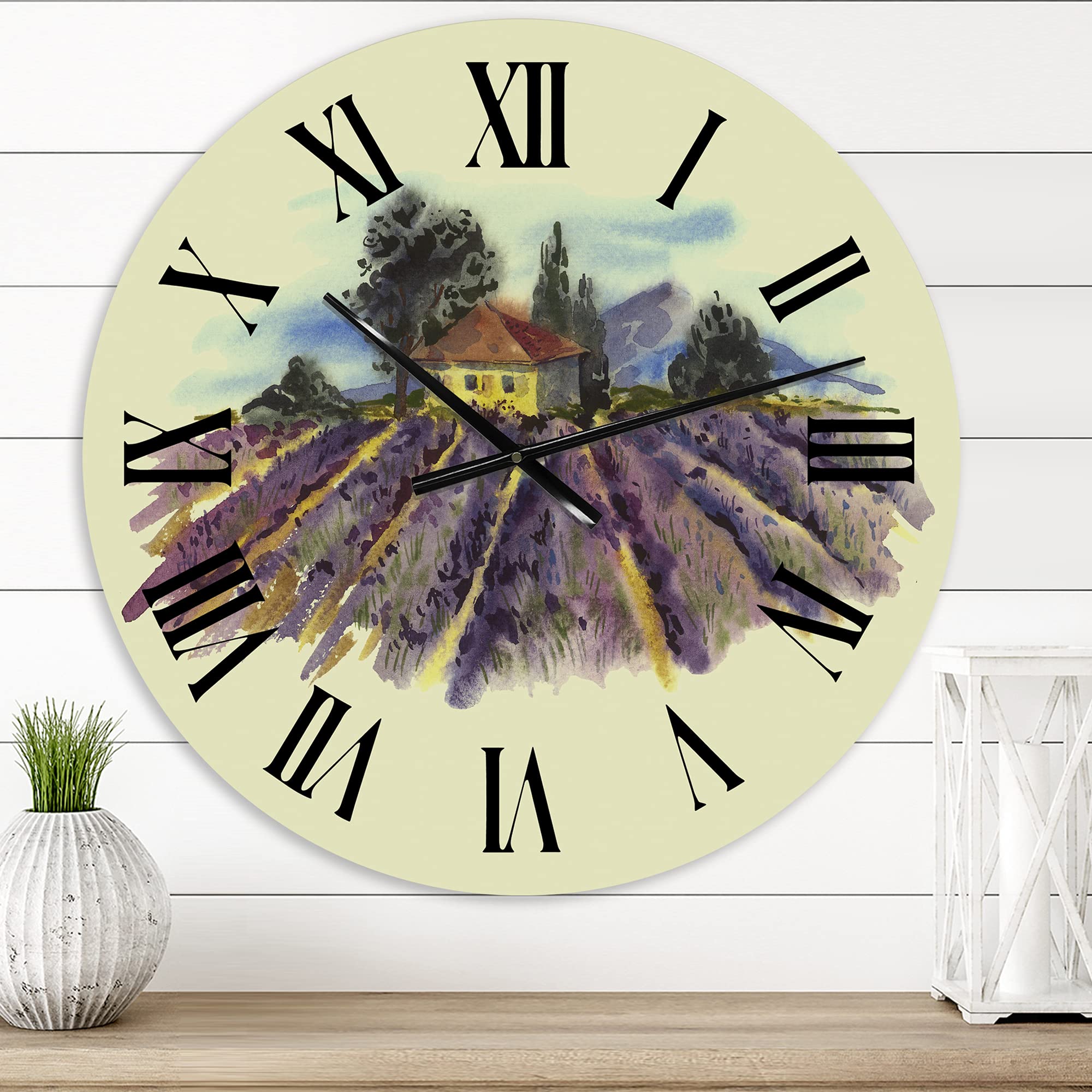 DesignQ Traditional Wall Clock 'Landscape with Blooming Lavender' - Large Nature-Inspired Wall Clock for Living Room, Bedroom & Office Decor - Perfect for Home, Office & Gift Giving