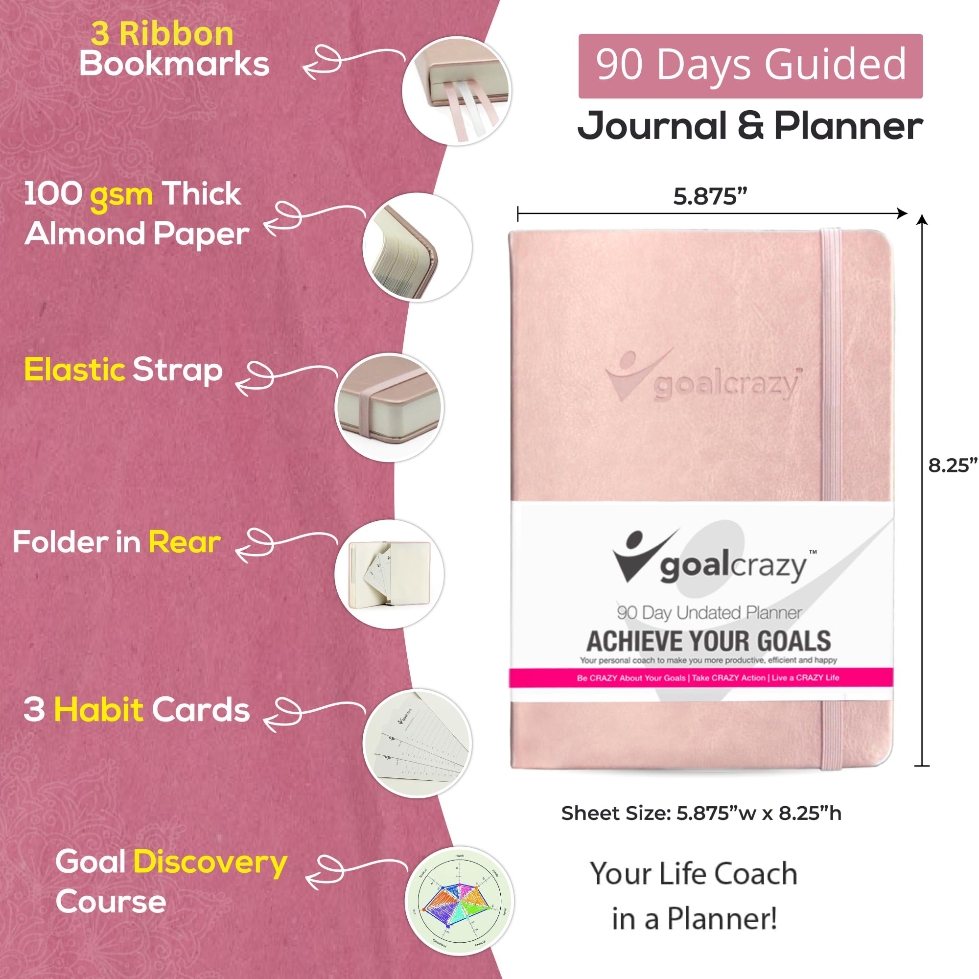 2025-2026 Undated 90-Day Planner & Productivity Journal - Weekly Organizer, Habit Tracker with Inspirational Quotes | Rose Gold Pink Leather Cover & Almond Pages | Perfect for Goal Setting, Time Management & Personal Growth