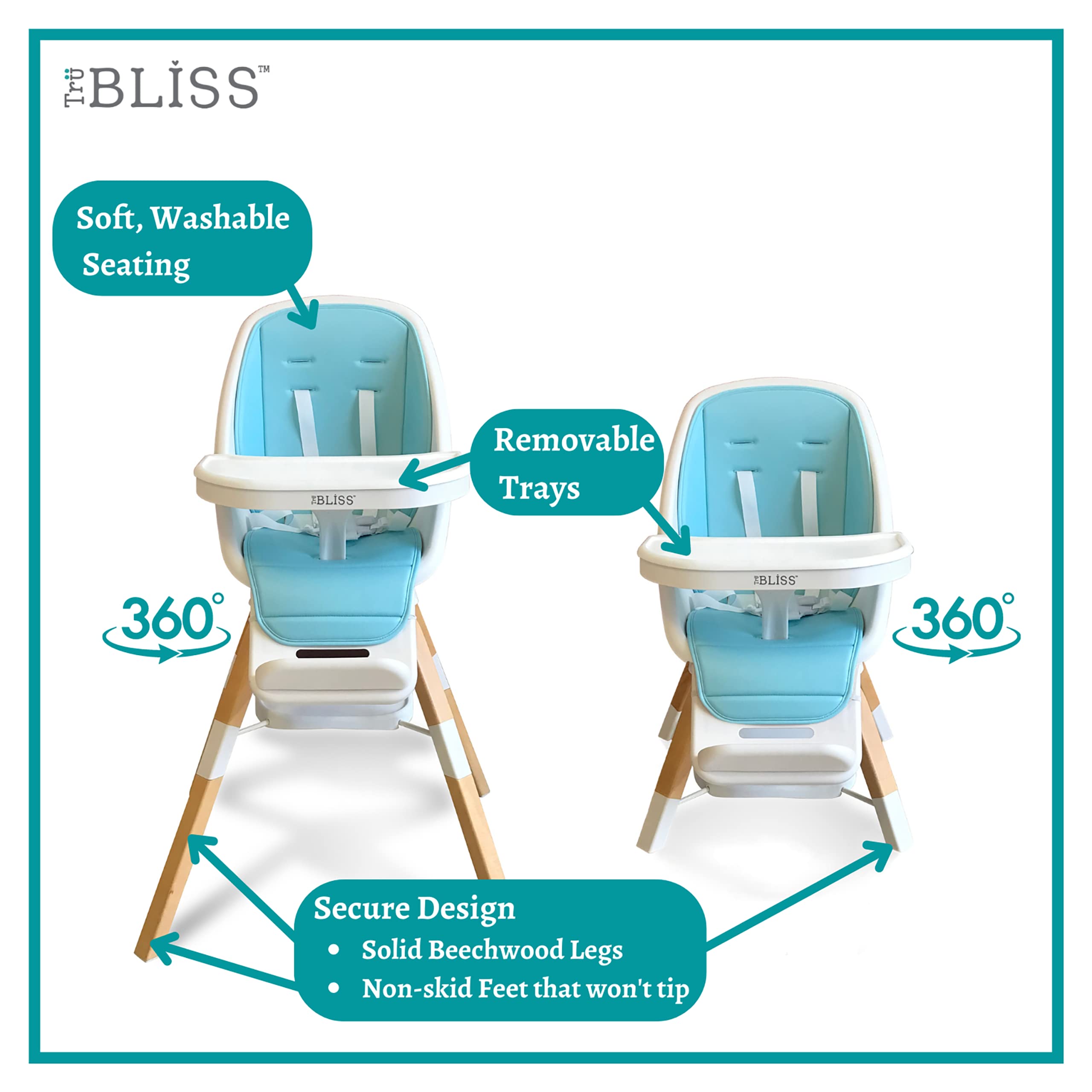 TruBliss Turn-A-Tot 2-in-1 Portable Wooden High Chair for Babies & Toddlers | 360° Swivel Design with Adjustable Footrest | Removable Dishwasher-Safe Feeding Tray | Perfect for Home, Restaurant & Travel Use (Sky Blue)