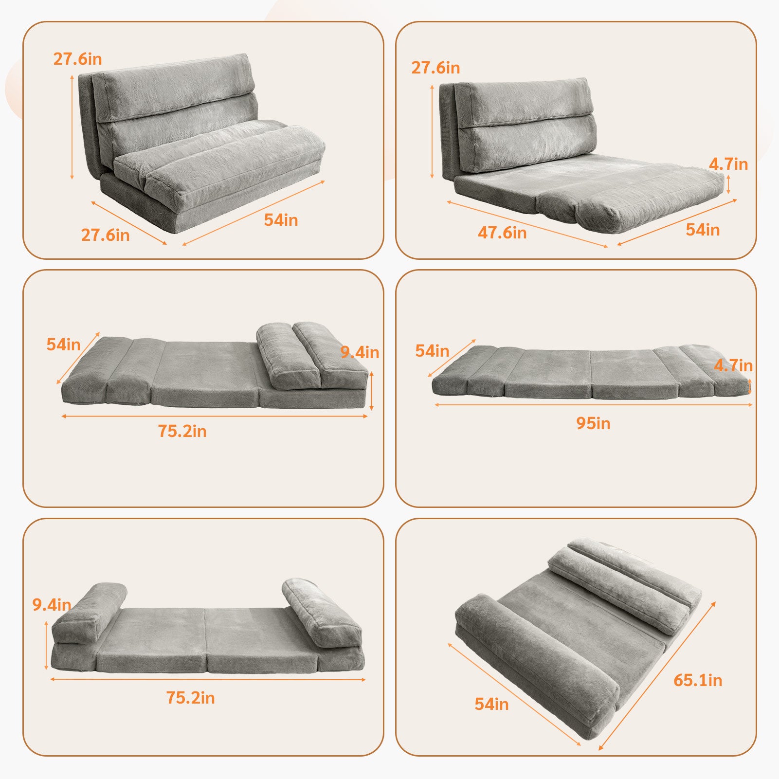 MAXYOYO Extra Wide Foldable Bean Bag Bed - Convertible Sofa to Floor Mattress for Adults, Grey - Perfect for Lounging, Guest Beds & Small Space Living