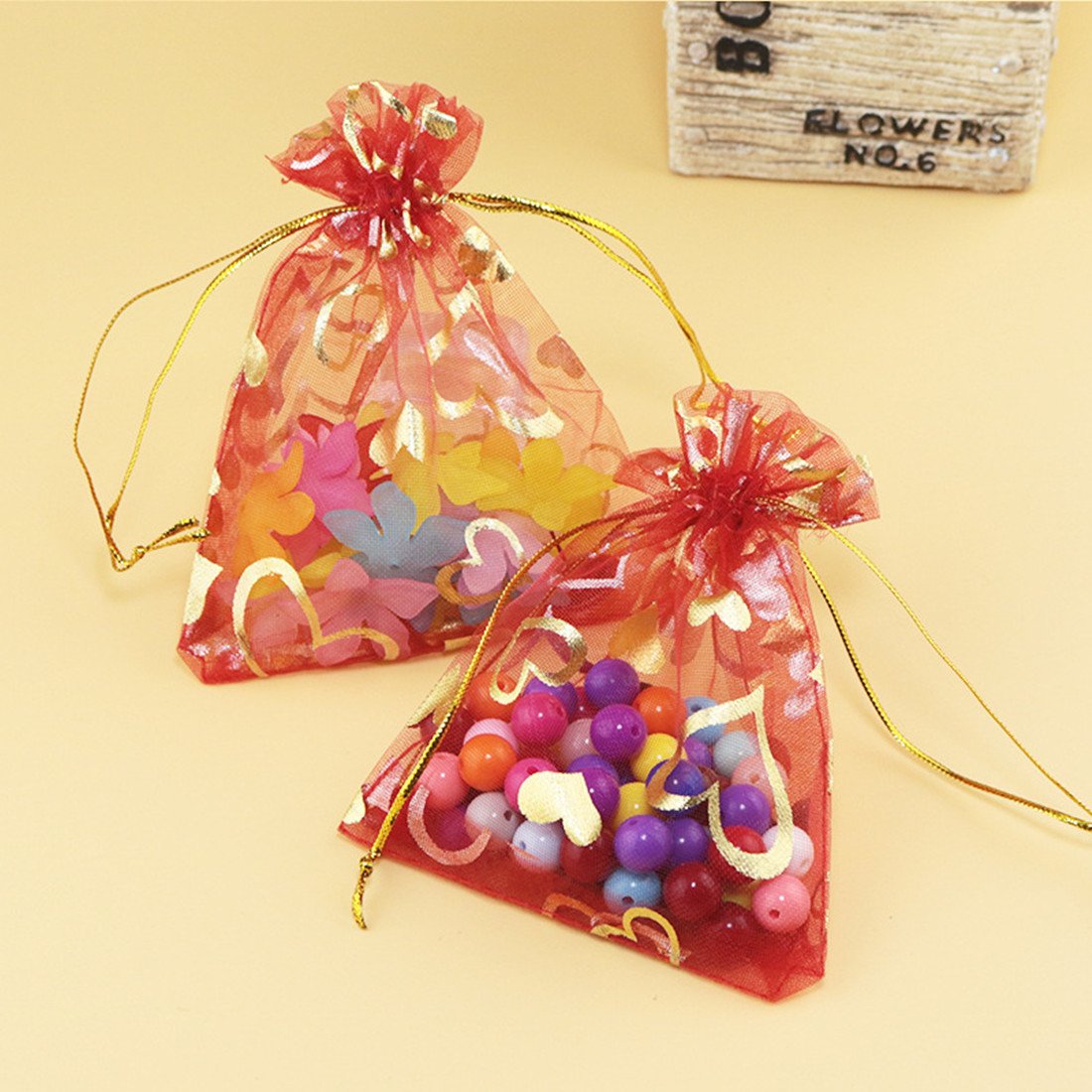 100pcs Red Organza Wedding Favor Bags 3x4 Inches - Heart Pattern Sheer Drawstring Pouches for Jewelry, Christmas Party Gifts, Bridal Shower Favors & Birthday Party Decorations