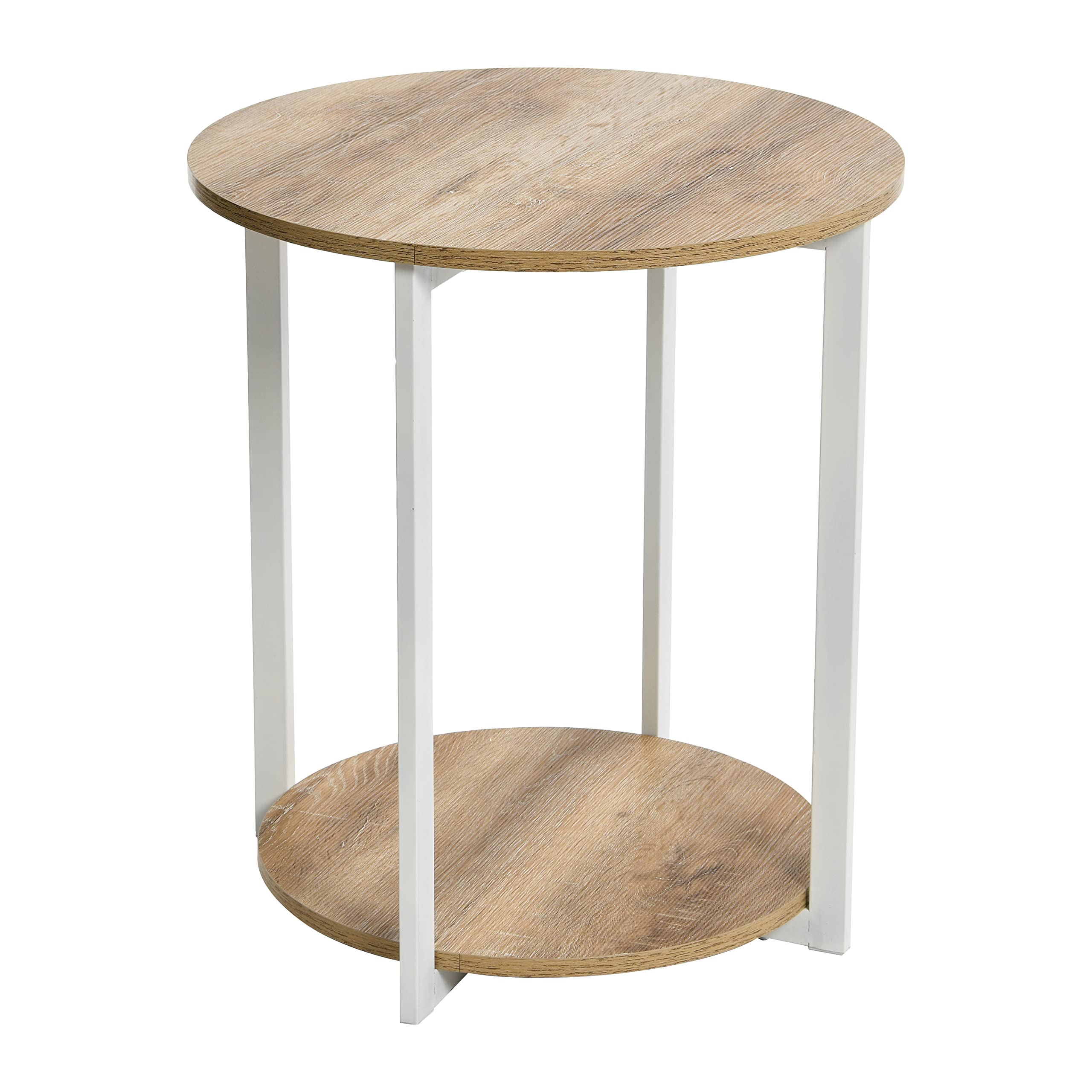 Coastal Oak Round End Table with 2-Tier Shelf - Rustic Side Table for Living Room, Bedroom, or Patio - Perfect for Drinks, Books, and Decor