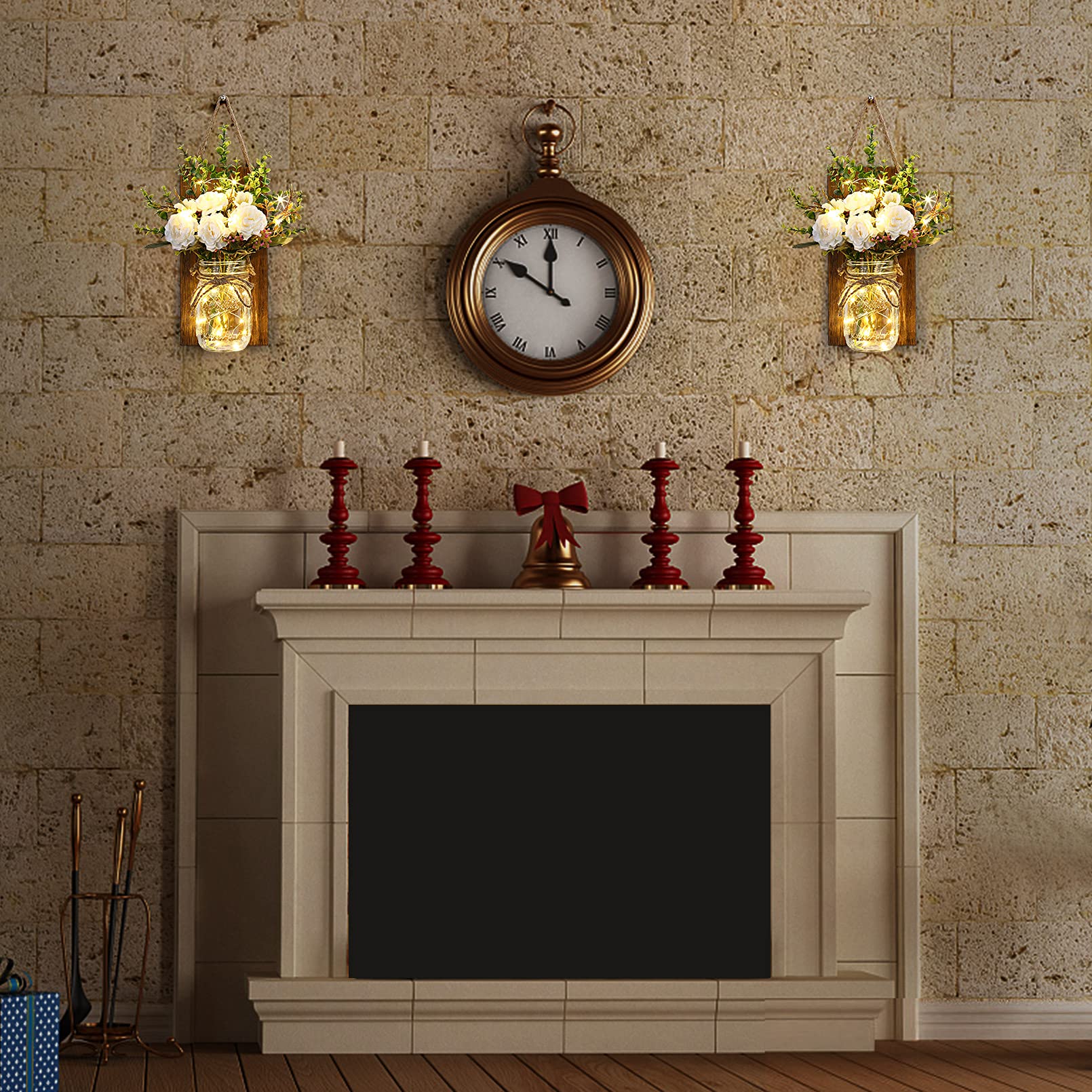 Lightess Mason Jar Wall Sconces with Remote Control - Rustic LED Fairy Lights with White Roses (Set of 2) - Farmhouse Decor for Dining Room, Living Room, Bedroom & Patio - Perfect for Romantic Ambiance, Wedding Decor and Cozy Home Lighting