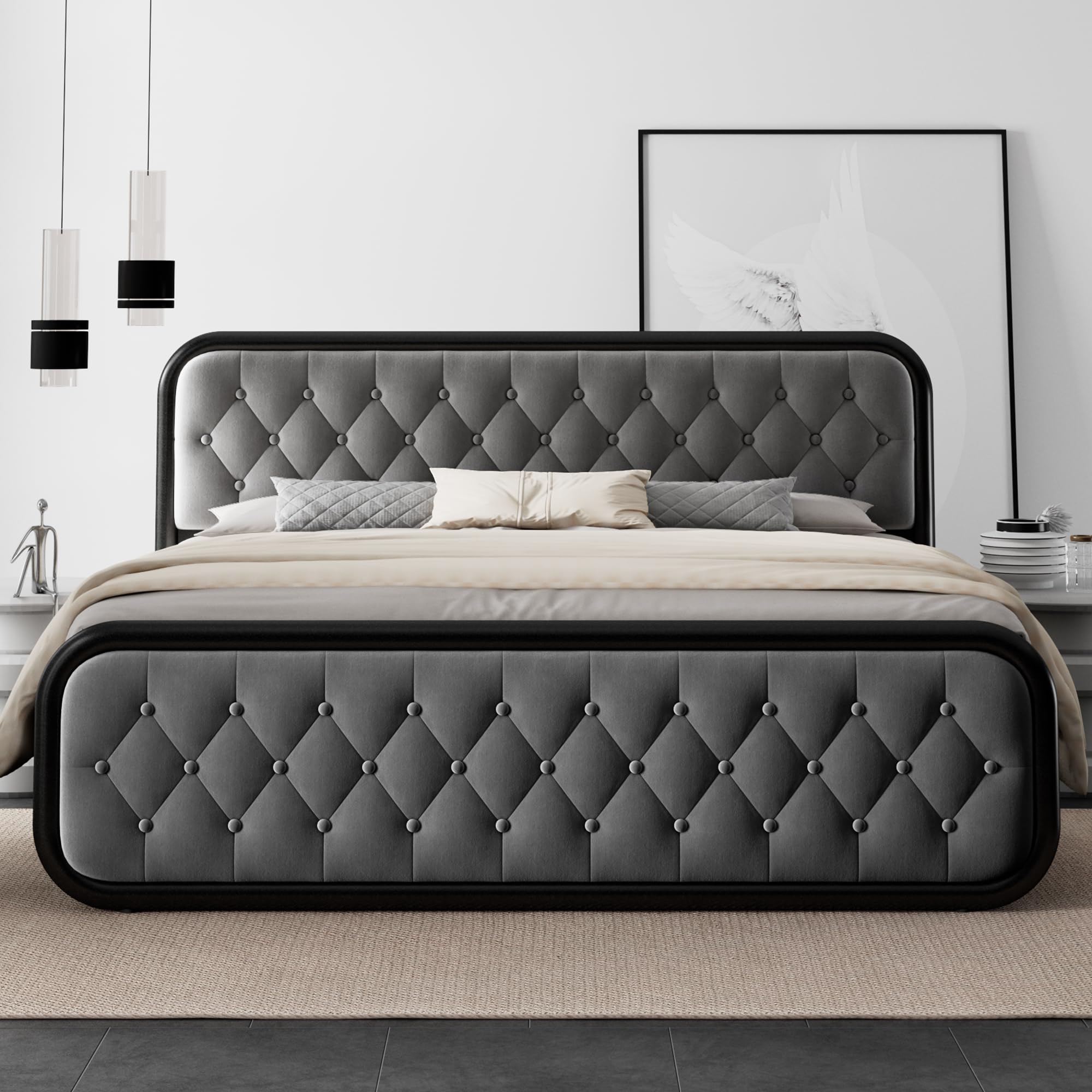 Feonase King Size Bed Frame with Upholstered Platform & Button Tufted Headboard - Modern Sturdy Metal Slat Support, 12
