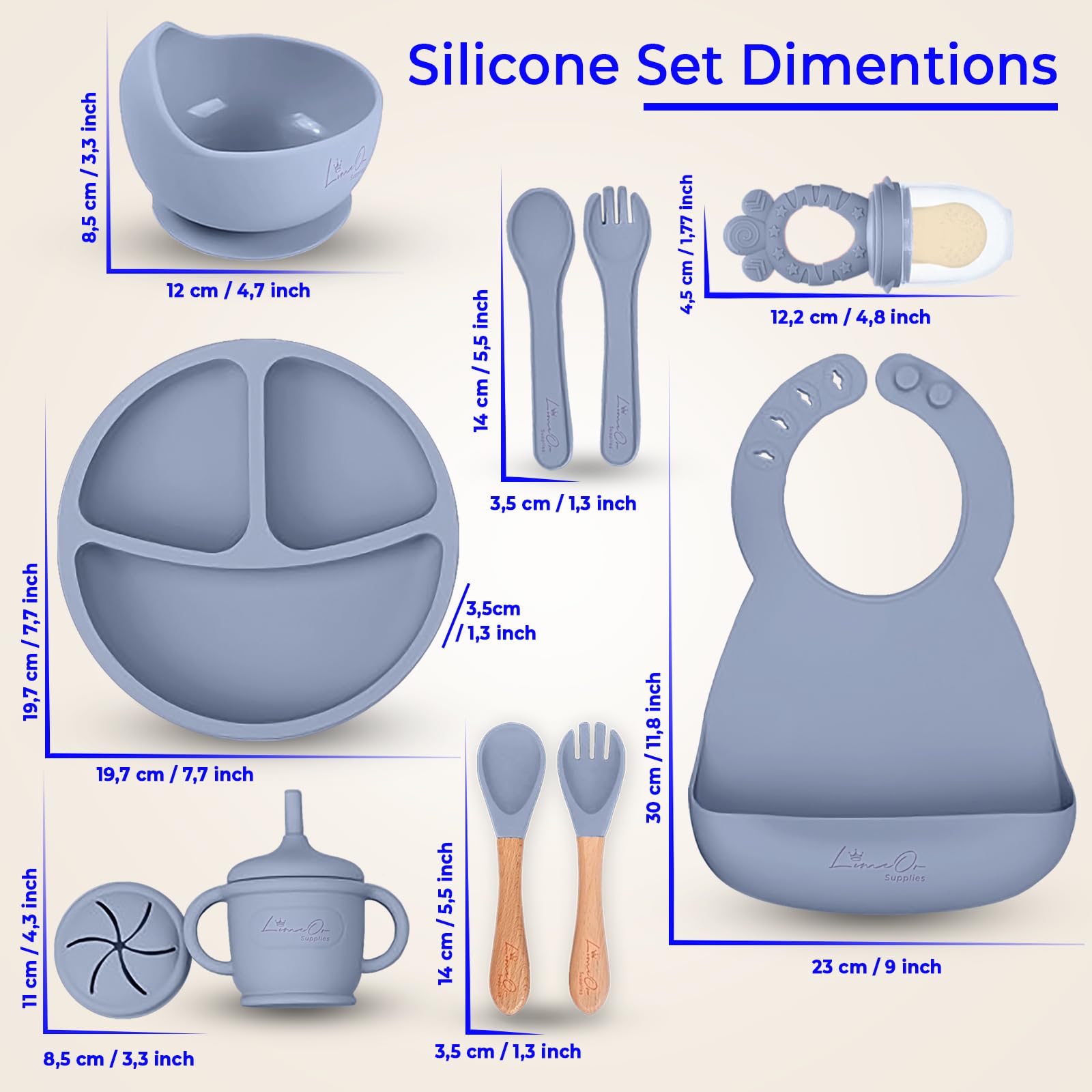 LimOr BPA-Free Silicone Baby Feeding Set - Complete Toddler Eating Essentials for Baby Led Weaning (6-12 Months, Gray) - Perfect for Independent Mealtime & Mess-Free Learning