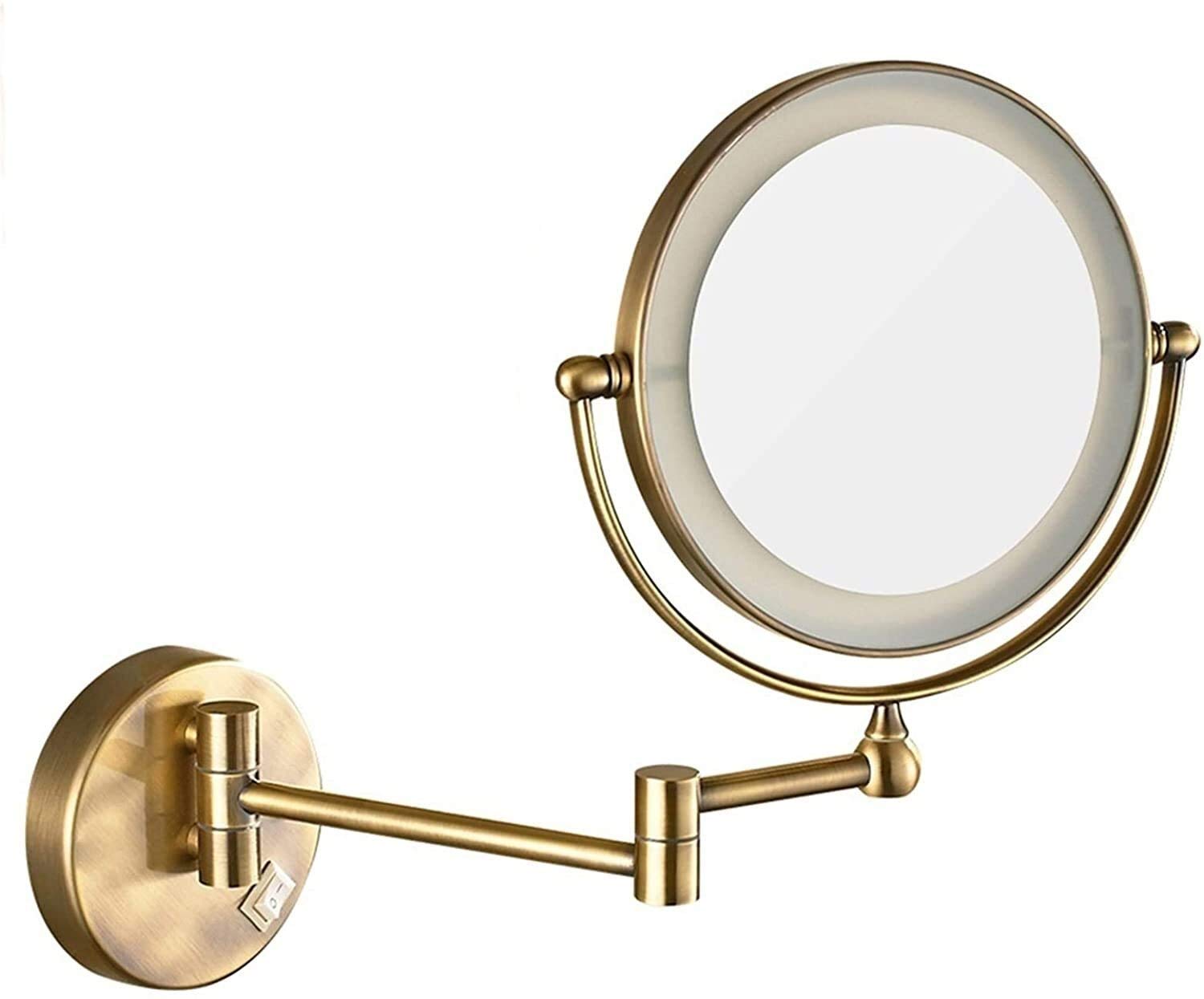 LED Makeup Mirror with Extendable Arm - Wall Mounted Vanity Mirror for Bathroom, Shaving & Grooming - Adjustable Lighting with On/Off Switch - Brass Finish, 5X Magnification - Perfect for Makeup Application, Skincare & Hair Styling