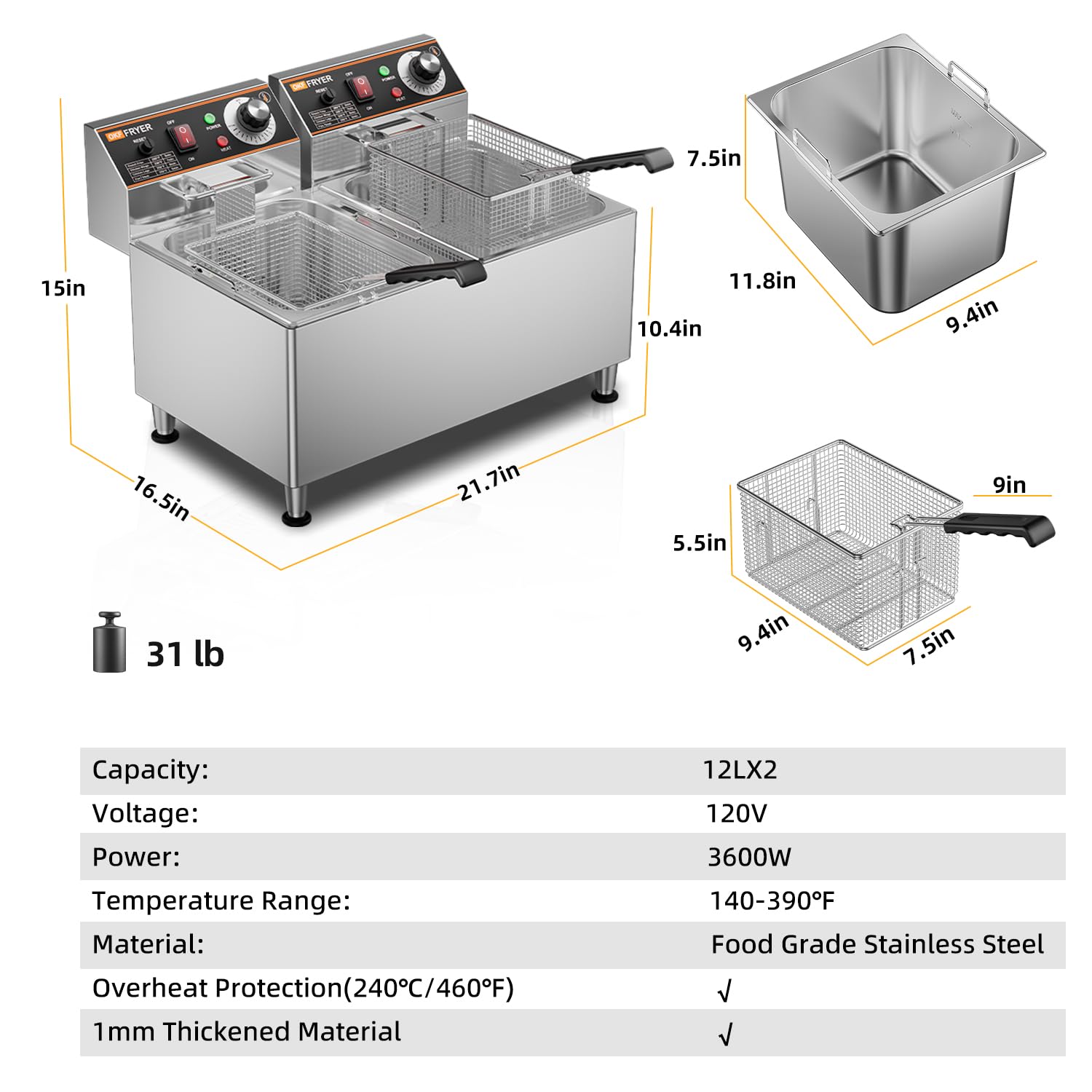 OKF 24L Commercial Deep Fryer - 3600W, 120V with 2 Baskets & Lids - 1mm Thickened Stainless Steel - Safety Switch & Overheat Protection - Perfect for Restaurants, Food Trucks & Home Kitchens