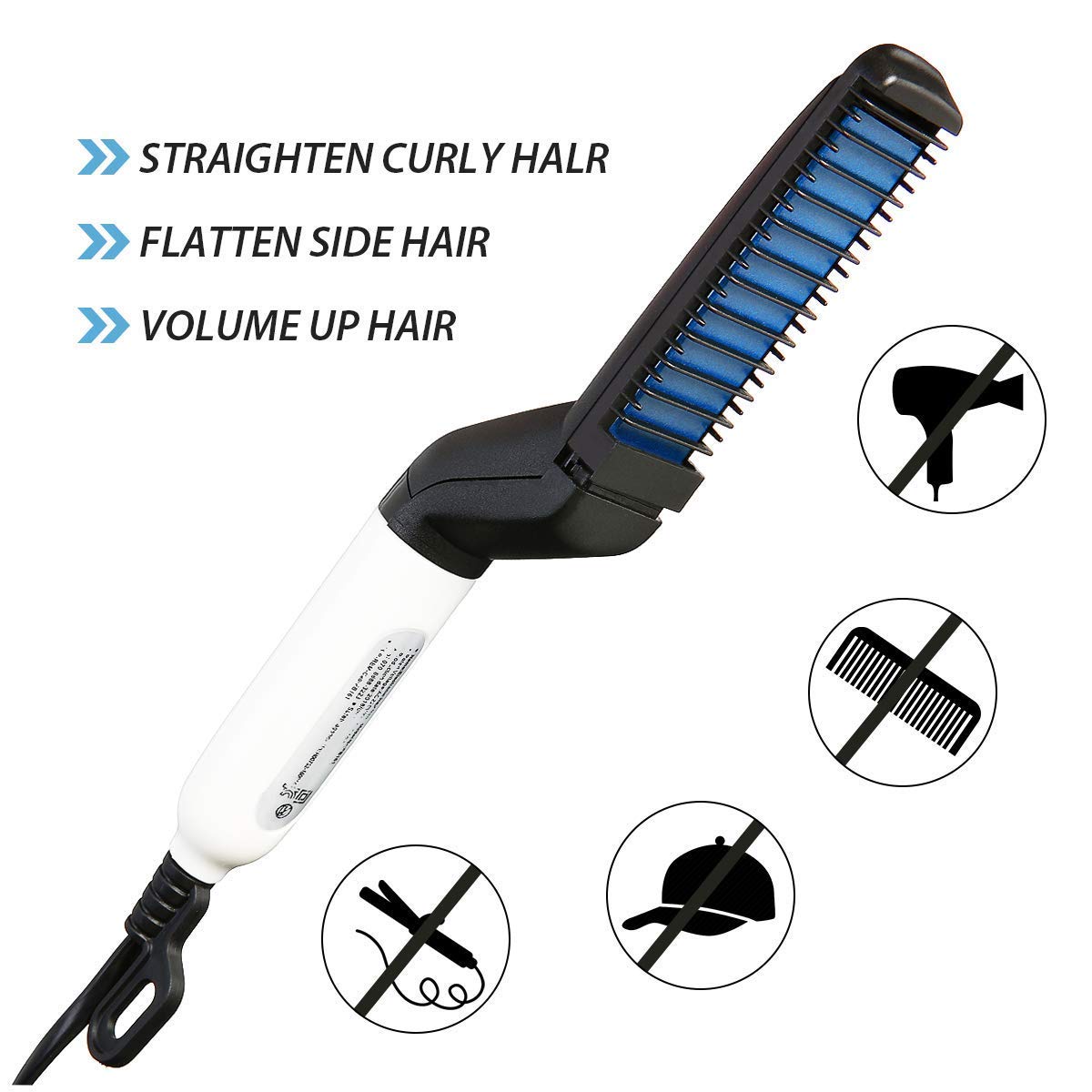 Orrda Electric Hair Straightener Brush for Men & Women - Quick Beard Styler & Hair Straightening Comb with Curling Function - Perfect for Curly Hair & Beard Grooming (White/Black) - Ideal for Home Use, Travel & Salon Styling