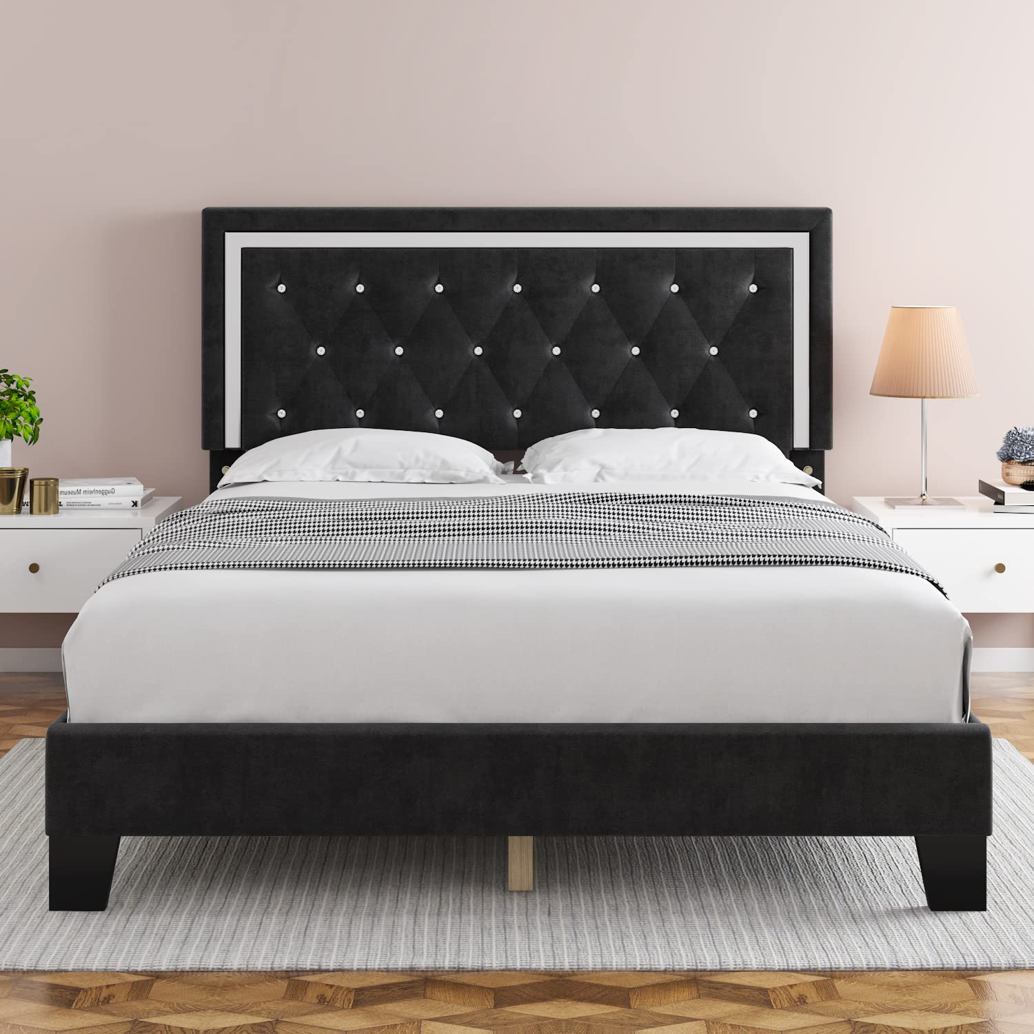 HITHOS Full Size Upholstered Platform Bed Frame with Adjustable Headboard - Diamond Tufted Mattress Foundation with Wooden Slat Support - No Box Spring Needed - Easy Assembly (Black) - Perfect for Modern Bedrooms, Guest Rooms & Small Spaces