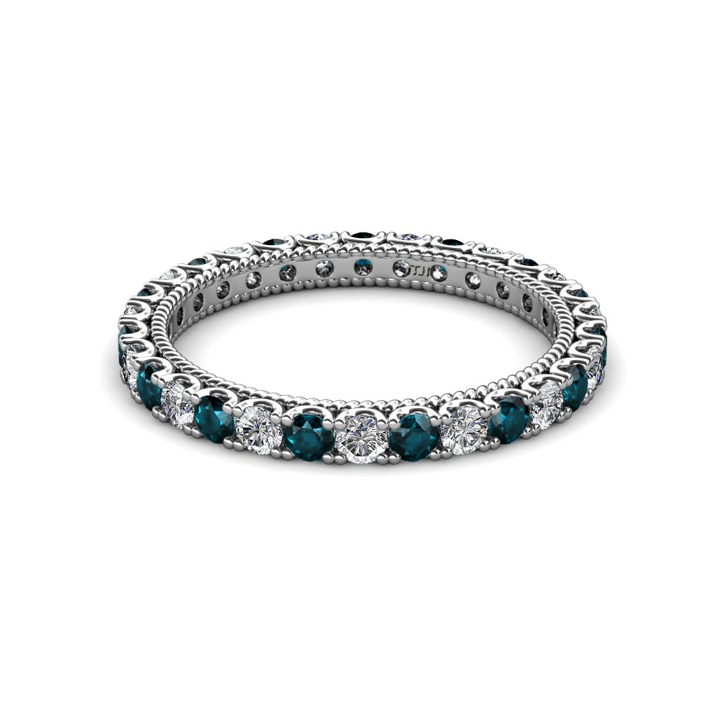 1.30-1.50ctw Diamond & London Blue Topaz Stackable Eternity Band Ring for Women in 14K White Gold - Perfect for Weddings, Anniversaries & Everyday Elegance