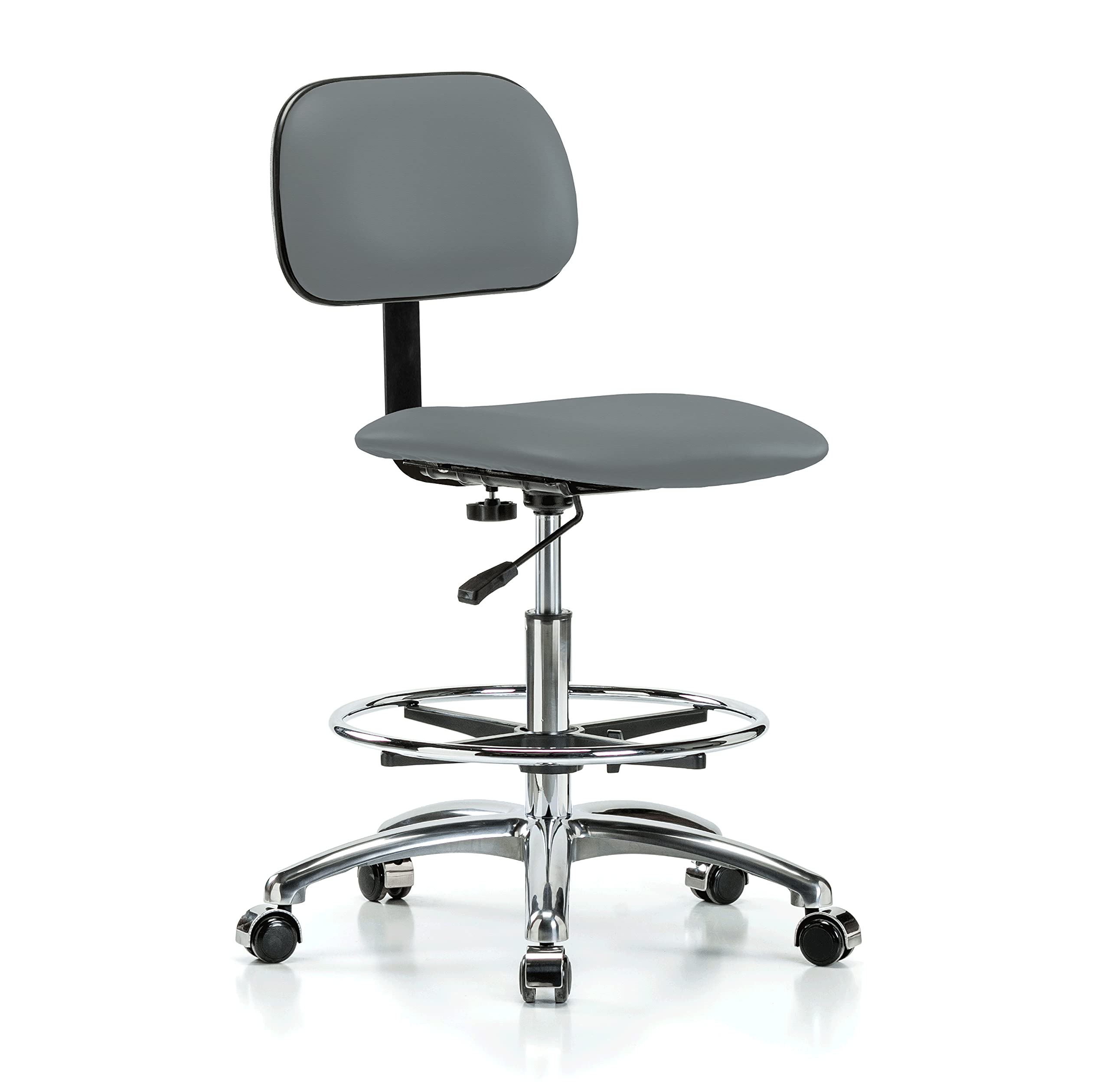 Perch Chrome Rolling Lab Chair - Adjustable Backrest & Foot Ring for Hardwood/Tile Floors - Ergonomic Workbench Height Stool with Cinder Fabric - Ideal for Laboratories, Workshops & Home Offices