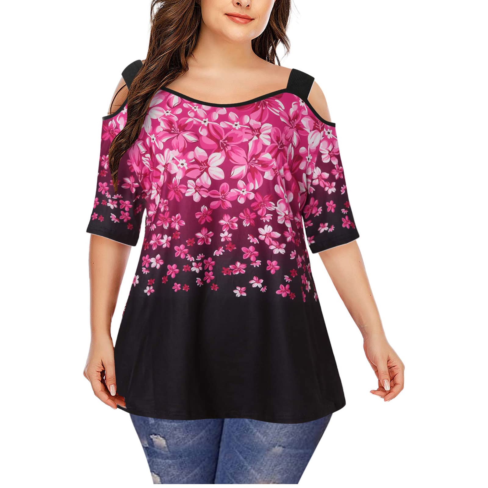 **Plus Size Women's Cute Summer Blouses - Short Sleeve Cold Shoulder Tops with Cut Out Design | Casual & Party Wear for Curvy Women**    *(Use for beach outings, date nights, or casual summer styling!)*