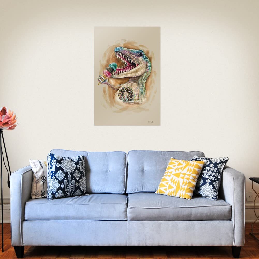 T-Rex Dinosaur Donut Ice Cream Jurassic Junkie Wall Art - Funny Dinosaur Poster for Home Decor, Bedroom & Office - Unique Gift for Dino Lovers
