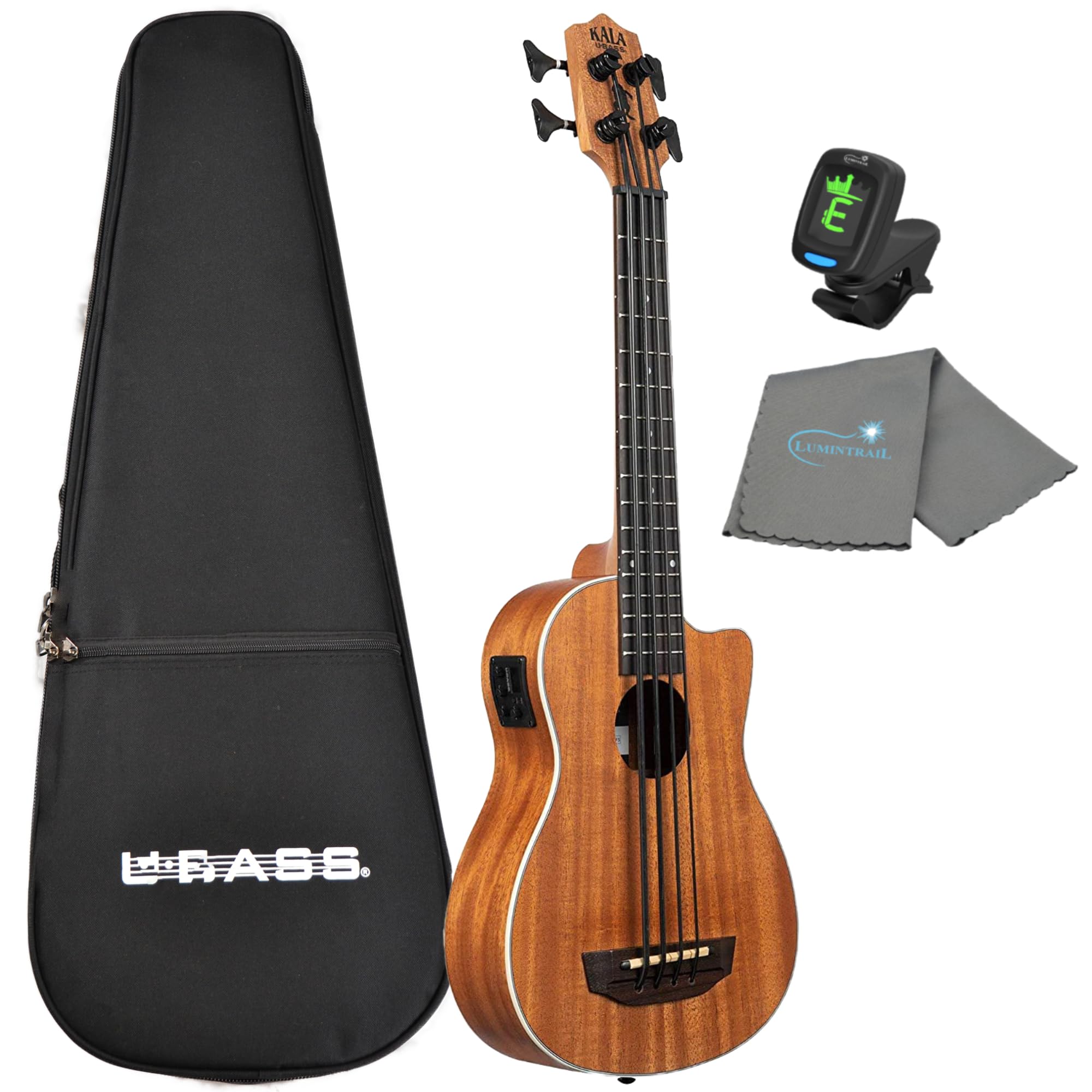Kala Scout UBass Acoustic Electric Bass Ukulele Bundle with Tuner & Cleaning Cloth - Perfect for Travel, Live Performances & Home Practice